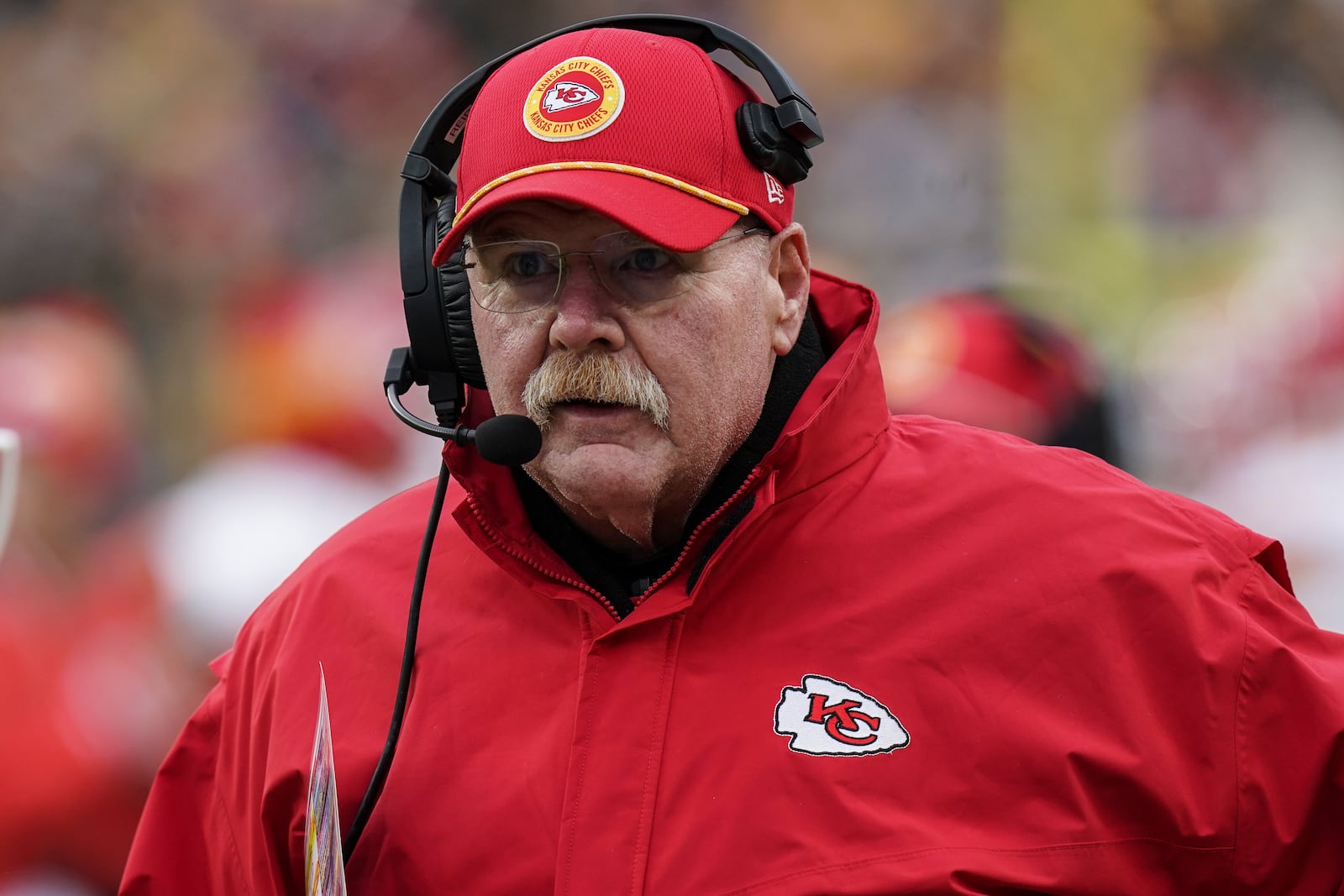 Kansas City Chiefs head coach Andy Reid walks on the sidelines during the second half of an NFL football game against the Pittsburgh Steelers, Wednesday, Dec. 25, 2024, in Pittsburgh. (AP Photo/Matt Freed)