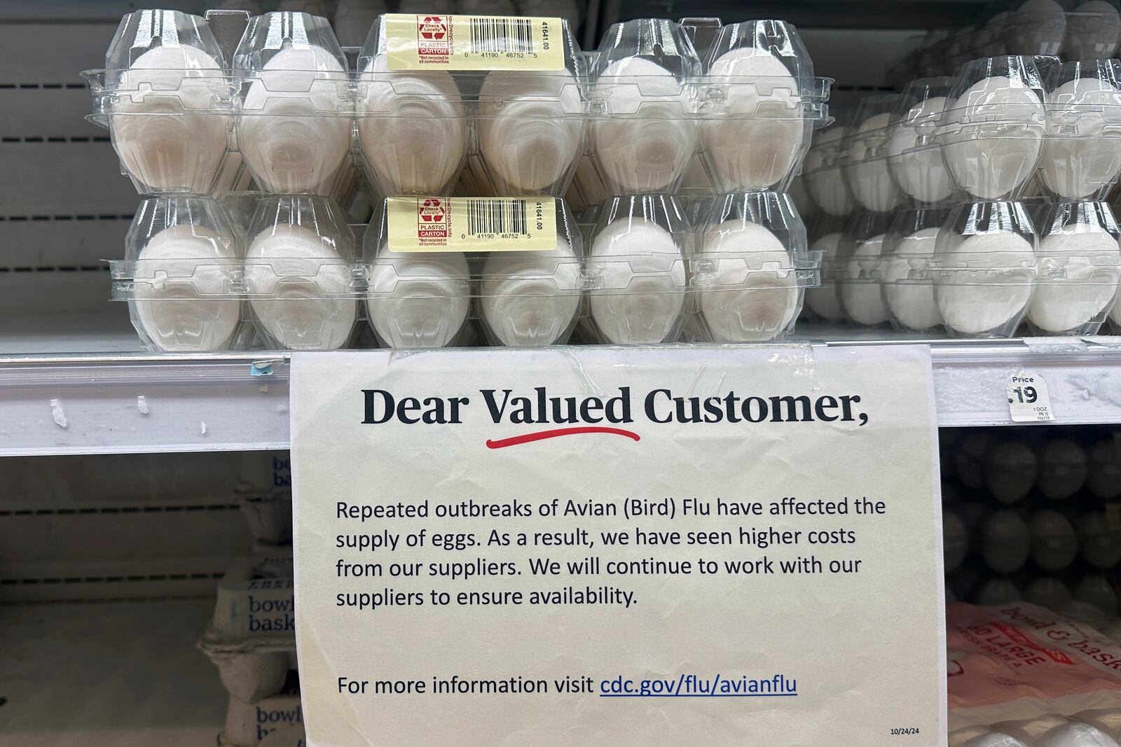 FILE - Eggs are for sale at a grocery store in Lyndhurst, New Jersey, on Tuesday, Feb. 4, 2025, as bird flu is forcing farmers to slaughter millions of chickens a month, pushing U.S. egg prices to more than double their cost in the summer of 2023. (AP Photo/Ted Shaffrey, File)