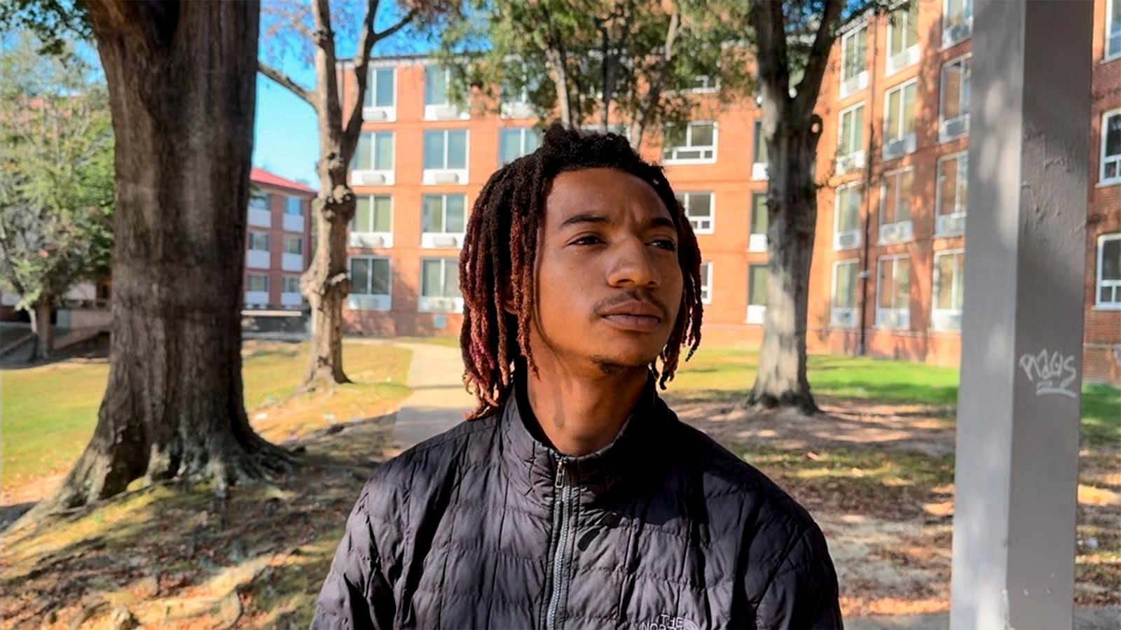 Sid Guynn, 18, a freshman at Tuskegee University speaks to a reporter about a Sunday shooting on the campus, Monday, Nov. 11, 2024, in Tuskegee, Ala. (AP Photo/Safiyah Riddle)