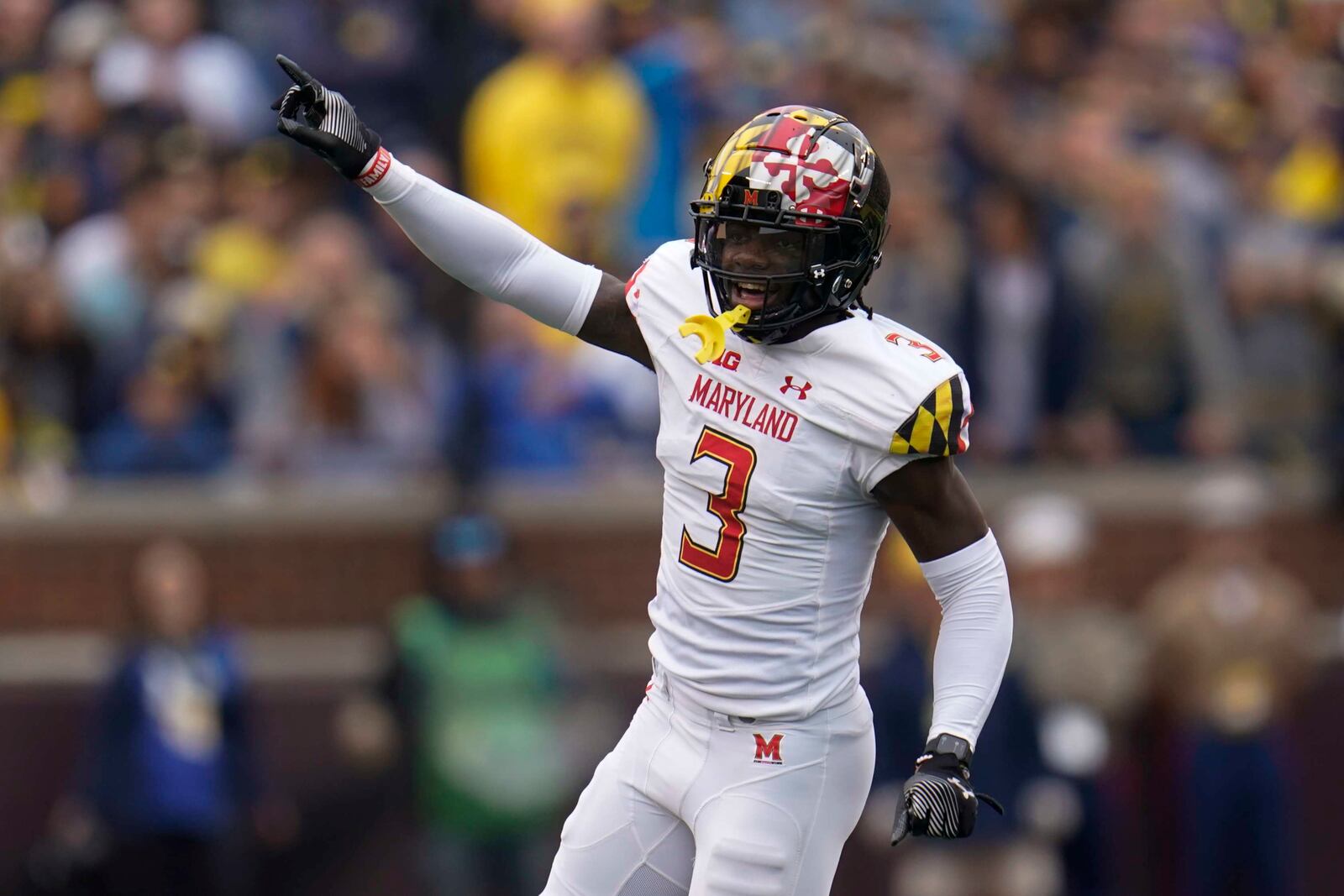 Maryland defensive back Deonte Banks (3) reacts to a Michigan turnover in the first half of an NCAA college football game in Ann Arbor, Mich., Saturday, Sept. 24, 2022. (AP Photo/Paul Sancya)