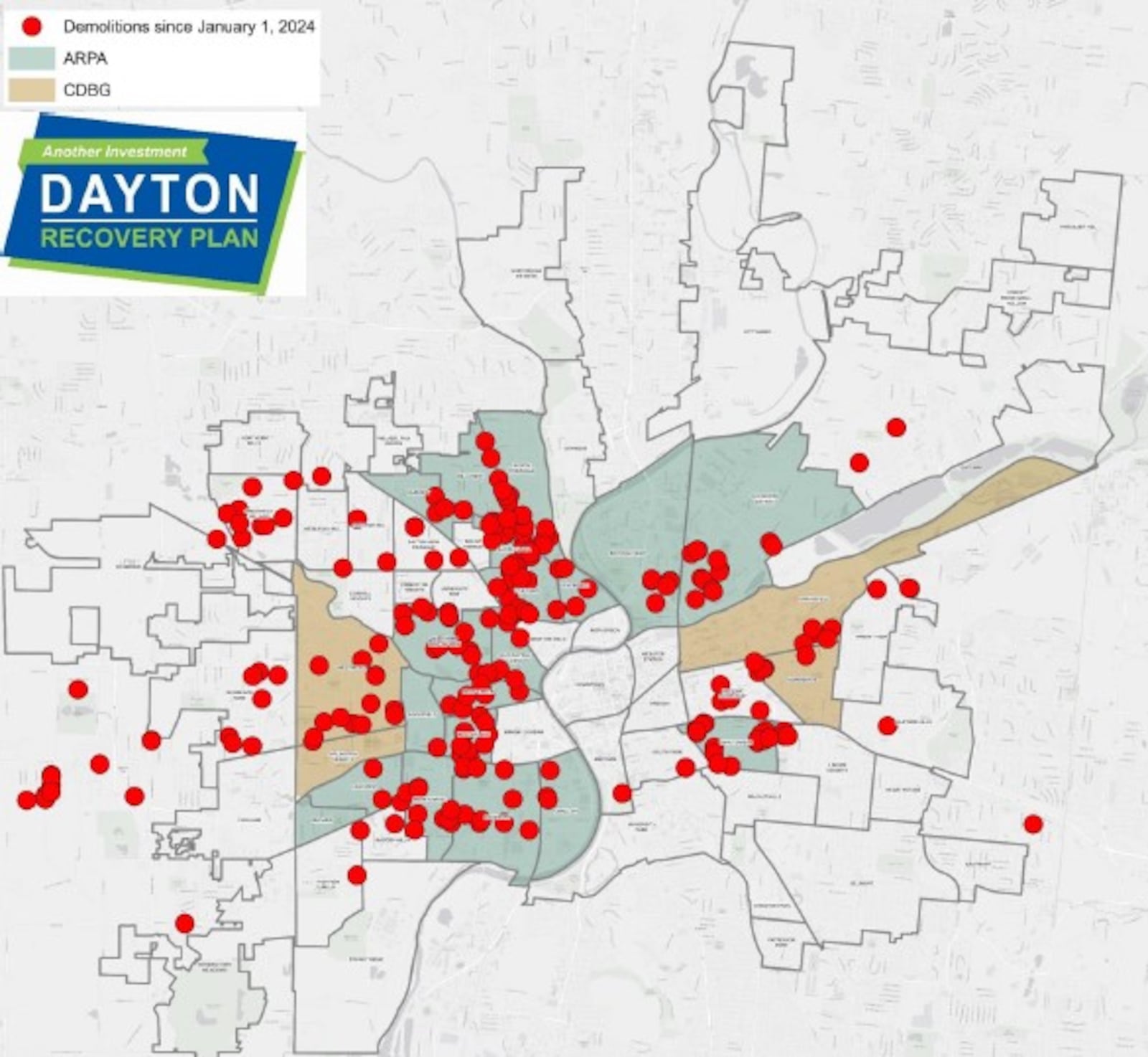 The city of Dayton tore down 208 structures in 2024. This map shows the location of the demolition projects. CONTRIBUTED