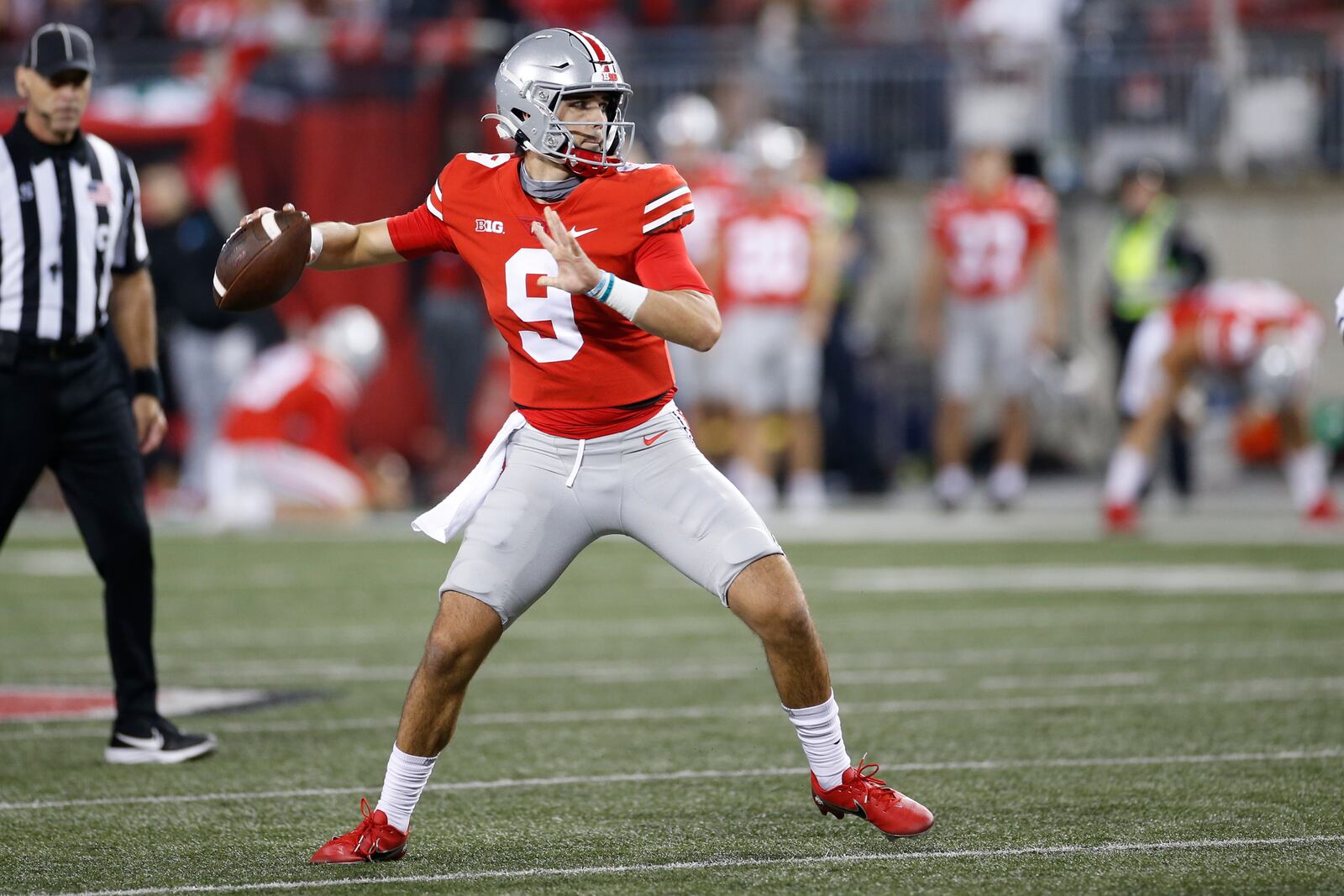 Ohio State quarterback Jack Miller drops back to pass against Akron during the second half of an NCAA college football game Saturday, Sept. 25, 2021, in Columbus, Ohio. (AP Photo/Jay LaPrete)