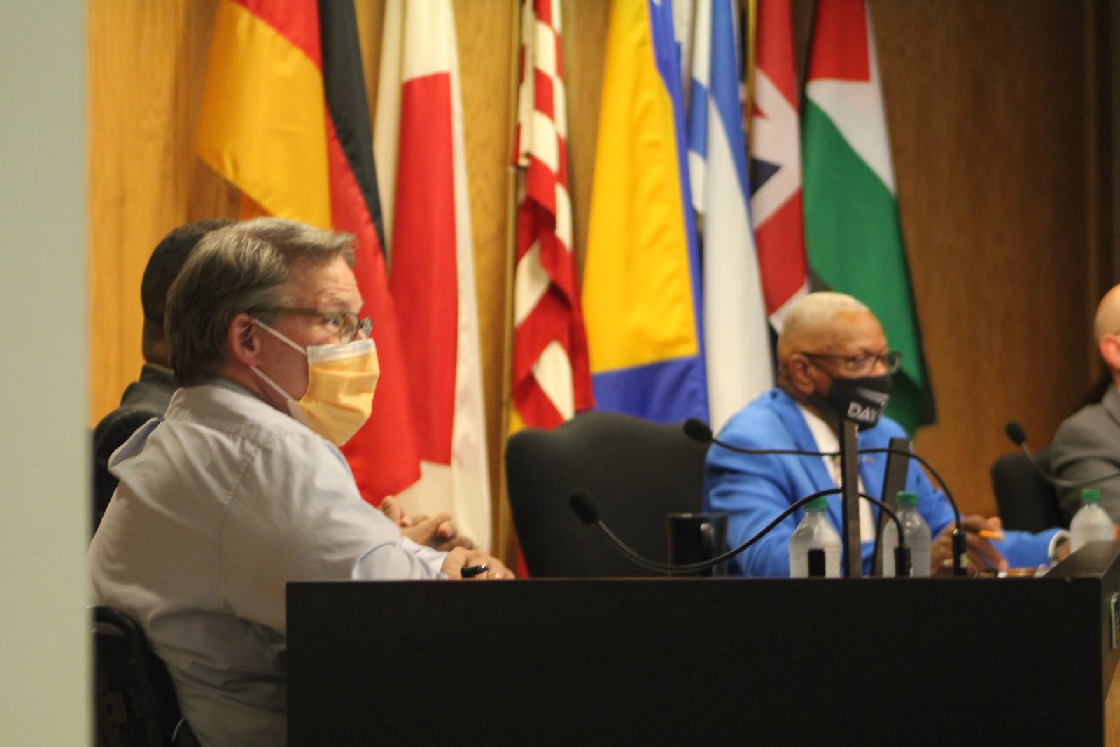 Dayton City Commissioner Darryl Fairchild and Mayor Jeffrey Mims Jr. at Wednesday's commission meeting. CORNELIUS FROLIK / STAFF