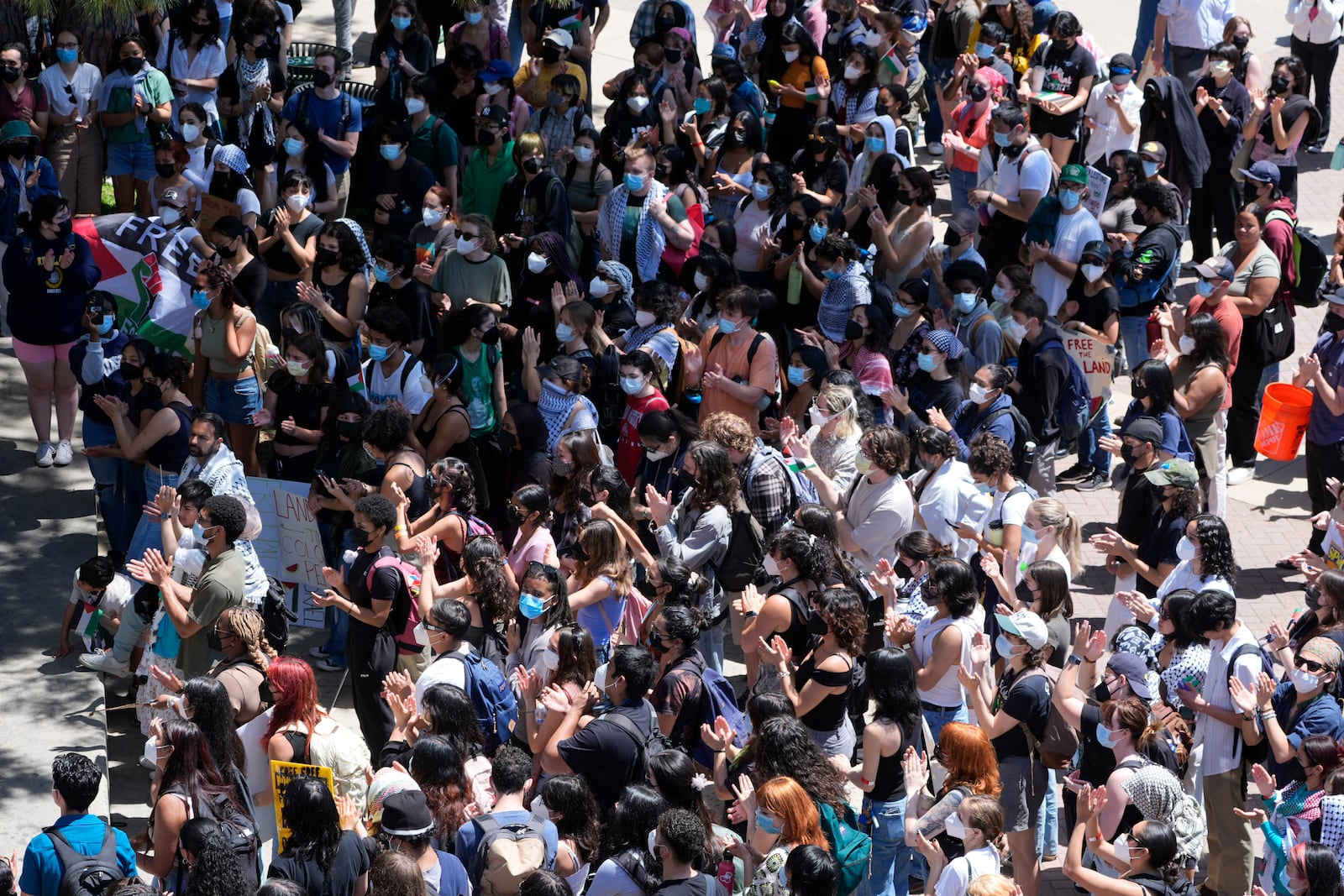 FILE - Students gather on the UCLA campus to protest the Israel-Hamas war, Monday, April 29, 2024, in Los Angeles. (AP Photo/Damian Dovarganes,File)