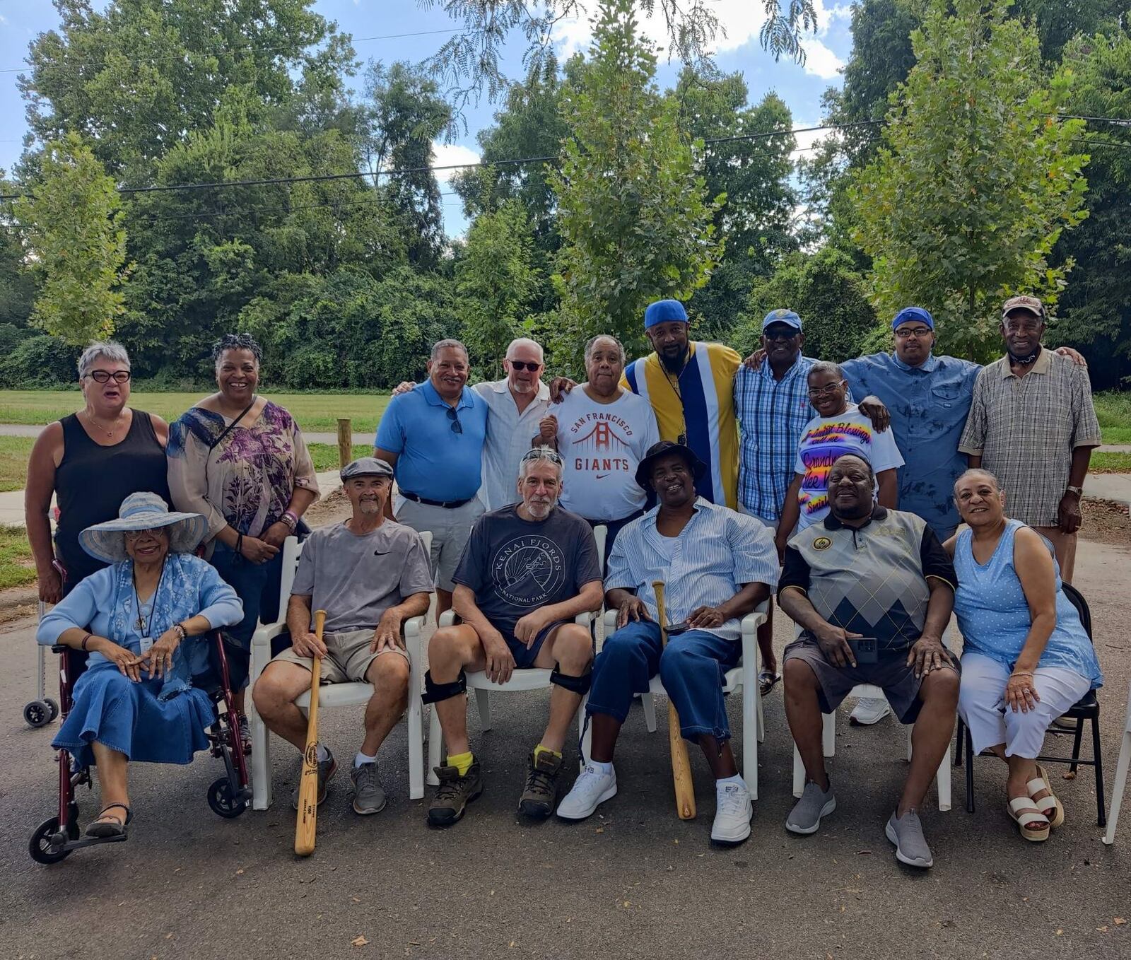 Nearly 50 years after they were pals growing up in their close-knit Lower Dayton View neighborhood, several of the old friends came from various parts of the country and gathered again on a recent Saturday at the old field – “Our Field of Dreams” Cliff Pierce called it – and shared memories, laughter and a few tears.
Front row, from left: Terri Ogletree, Kevin Daniel, Mark Dempsey, Alfred Pierce, Tony McCain, and Vicki McCain Moore.
Back row, from left: Martha Hardcastle, Carol Ogletree, Howard Jordan, David Chadwell, Ondray Coble, Cliff Piece. Andy Davenport, Denise Jones, David Davenport and Royal Starks .
 Jeanne Frazer-Coble/CONTRIBUTED.