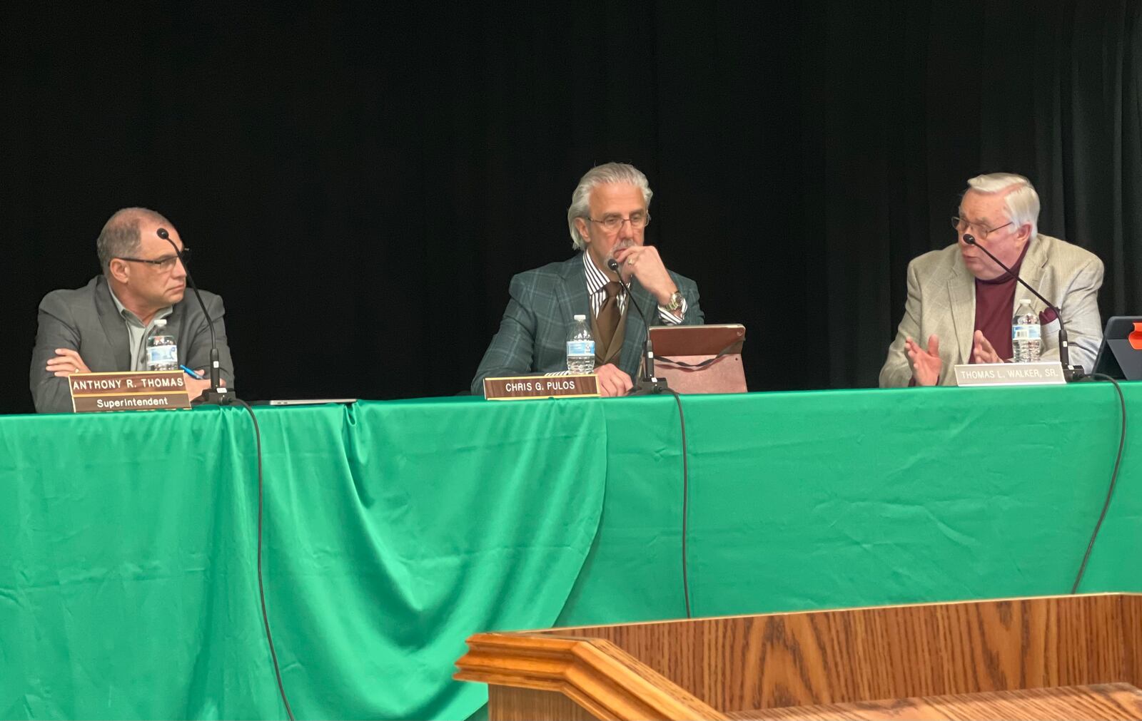 Northmont City Schools Superintendent Anthony Thomas, and board members Chris Pulos and Thomas Walker Sr. during a 2023 special board meeting. AIMEE HANCOCK/STAFF