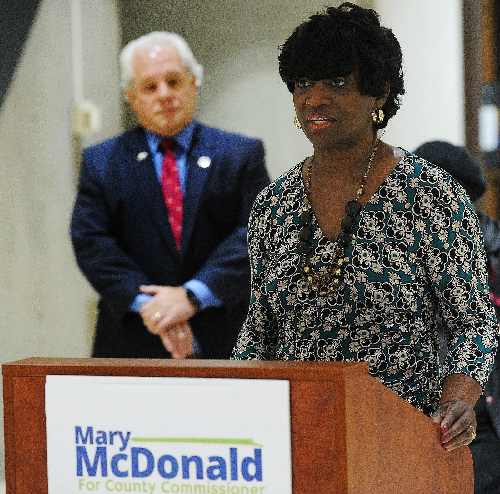 Mary McDonald held a press conference Monday, Jan. 29, 2024 at the Montgomery County administrative building regarding the decision of the Ohio Secretary of State on the challenge to her candidacy for Montgomery County Commission. MARSHALL GORBY\STAFF