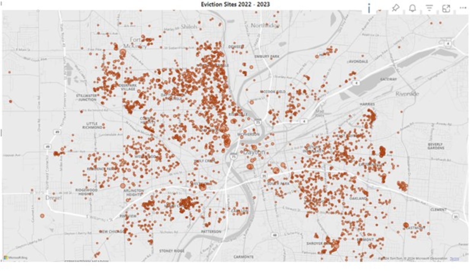 A map showing eviction sites in 2022 and 2023 that was provided by the Dayton Municipal Court. CONTRIBUTED