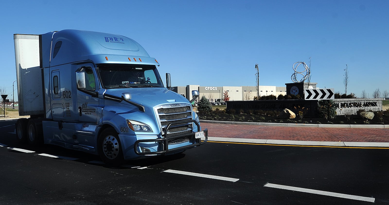 The newly constructed roundabout at Union Airpark Blvd. and Dog Leg Road near the Dayton International Airport is designed to improve truck traffic flow through the commercial development in the area. MARSHALL GORBY\STAFF