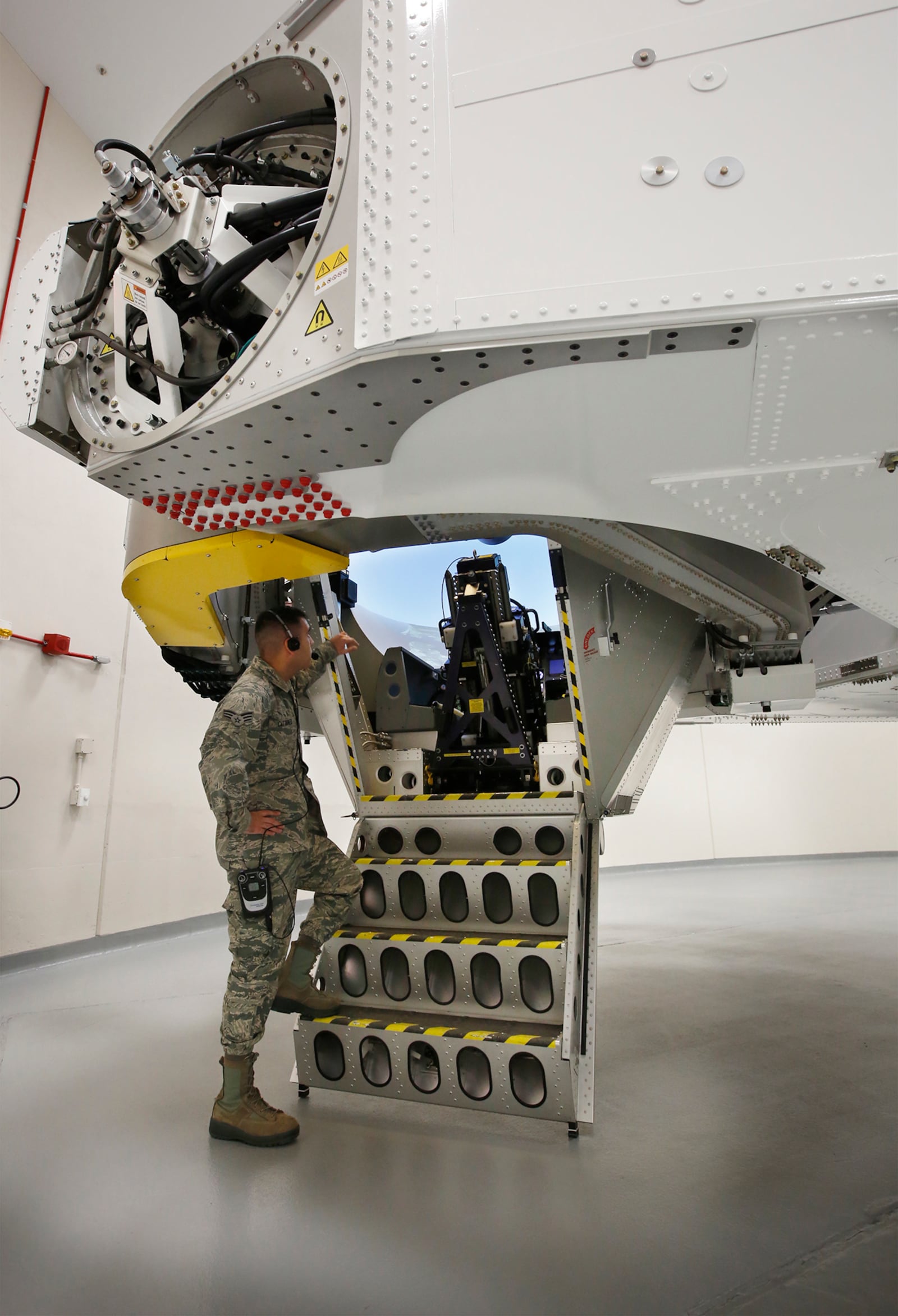 The Air Force is in the testing phase of a human rated centrifuge for gravity training and research at the 711th Human Performance Wing on Wright-Patterson Air Force Base.  At the base where g-force training and research has been conducted since the dawn of the jet age, this new centrifuge replaces several in the Department of Defense including one that is already mothballed in Building 33.  Maintaining fighter pilot g-tolerance is a critical part of flight physiology for as the performance of the latest generation of fighter aircraft become more demanding of the pilots. SrA. Luciano Cattaneo is the Aerospace and operational physiology technician for the centrifuge.  TY GREENLEES / STAFF