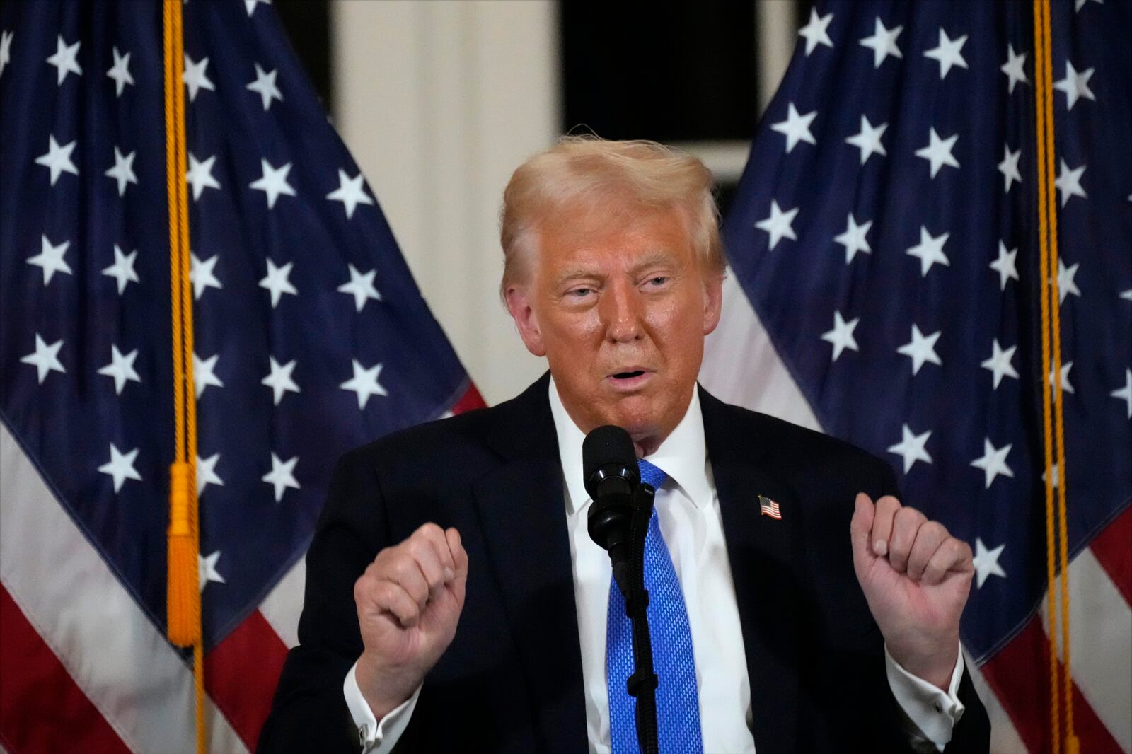 President Donald Trump speaks at a dinner with Senate Republicans at Mar-a-Lago in Palm Beach, Fla., Friday, Feb. 7, 2025. (AP Photo/Ben Curtis)