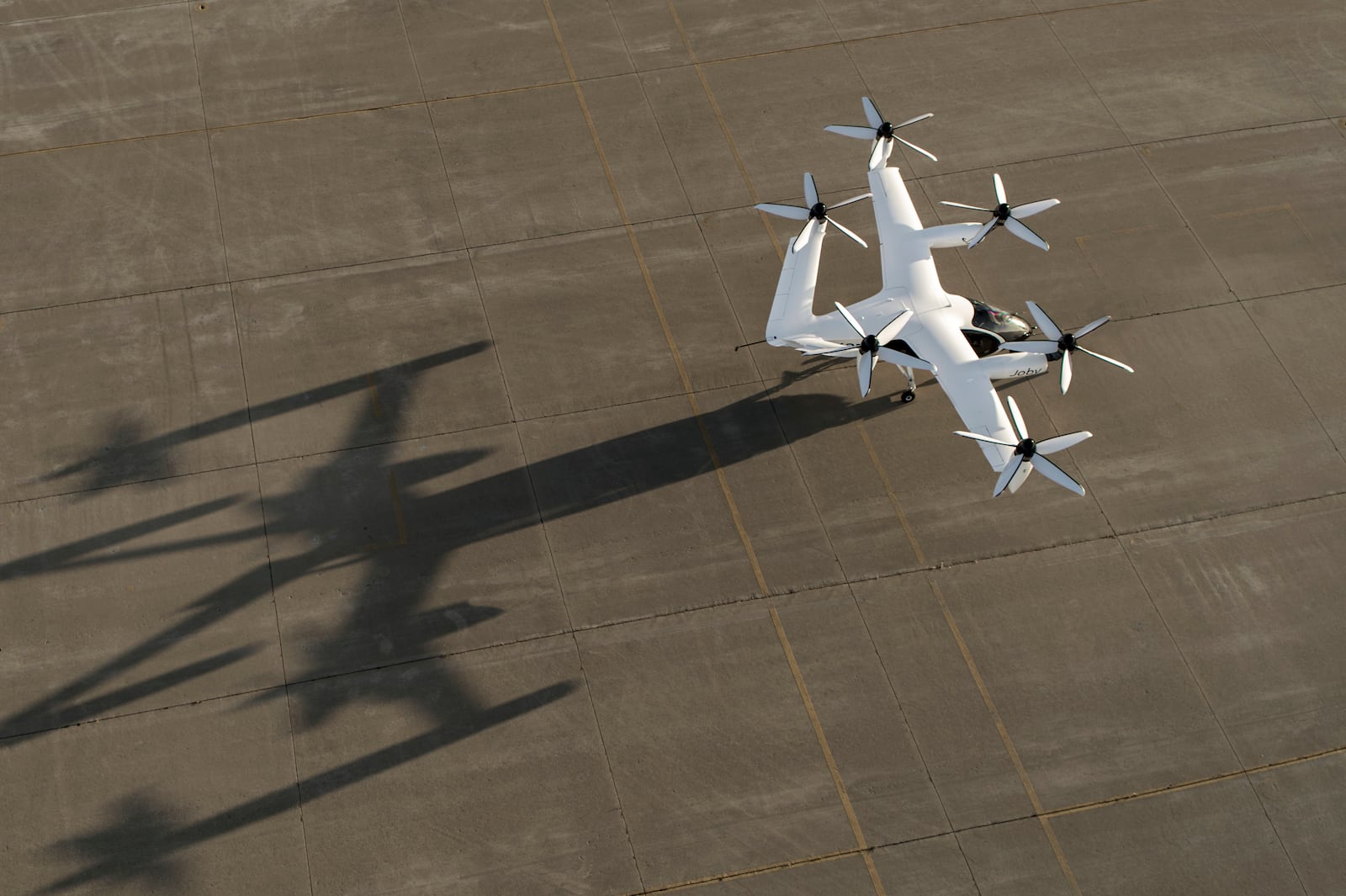 In this 2022 photo provided by Joby Aviation is Joby’s pre-production prototype aircraft at the company’s flight test facility in Marina, Calif. The same Ohio river valley where the Wright brothers pioneered human flight will soon manufacture cutting-edge electric vertical takeoff and landing aircraft. An agreement announced Monday, Sept. 18, 2023, between the state and Joby Aviation Inc. will bring air taxi production to a 140-acre site at Dayton International Airport by 2025. (Eric Adams/Joby Aviation via AP)