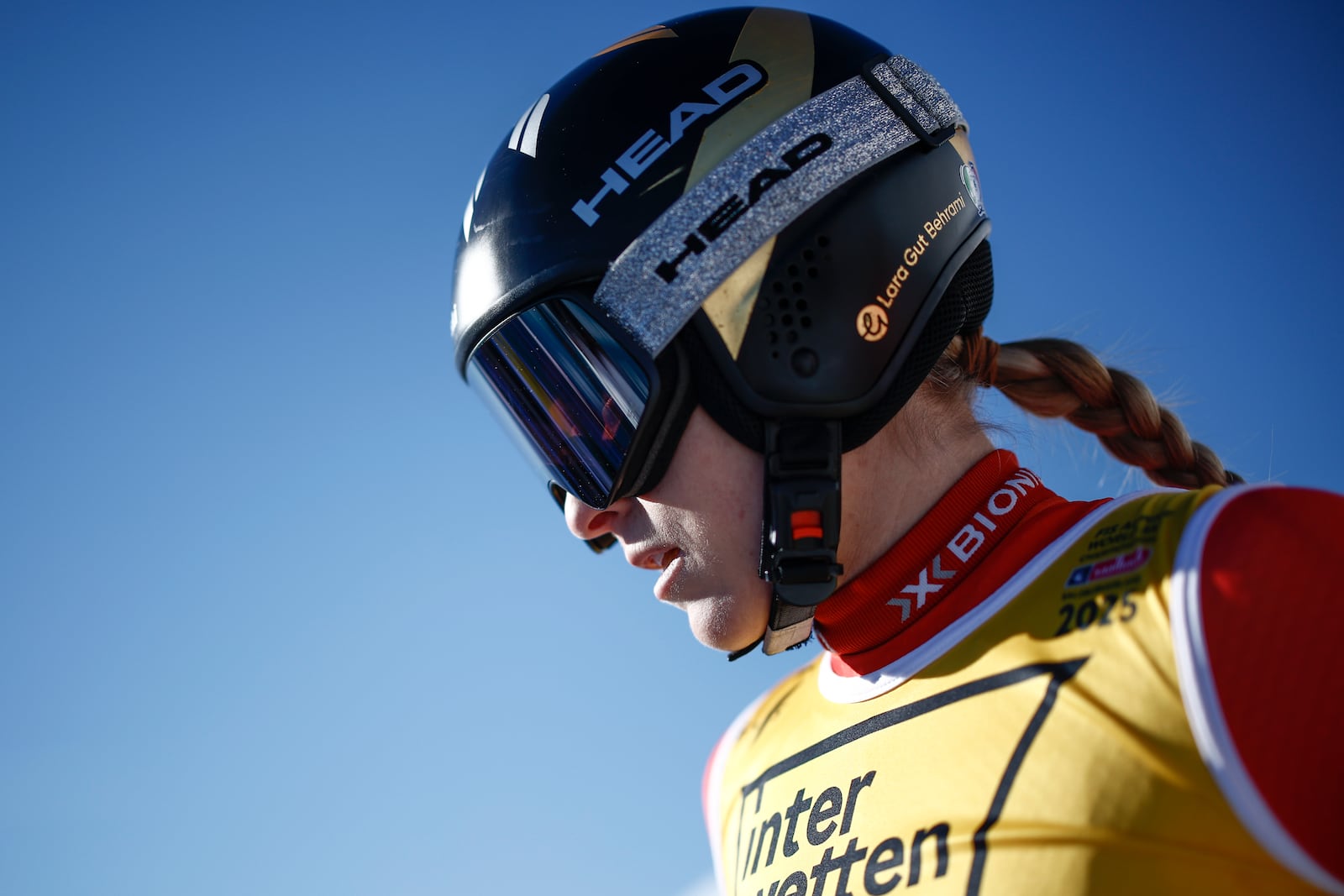 Switzerland's Lara Gut Behrami gets ready to start an alpine ski, women's World Championship downhill training, in Saalbach-Hinterglemm, Austria, Tuesday, Feb. 4, 2025. (AP Photo/Gabriele Facciotti)