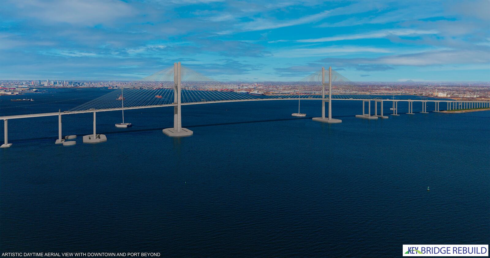 This image provided by Office of the Governor of Maryland shows renderings of replacement of Baltimore's Francis Scott Key Bridge that was presented during a news conference Tuesday, Feb. 4, 2025 in Sparrows Point, Md. ( Office of the Governor of Maryland via AP)