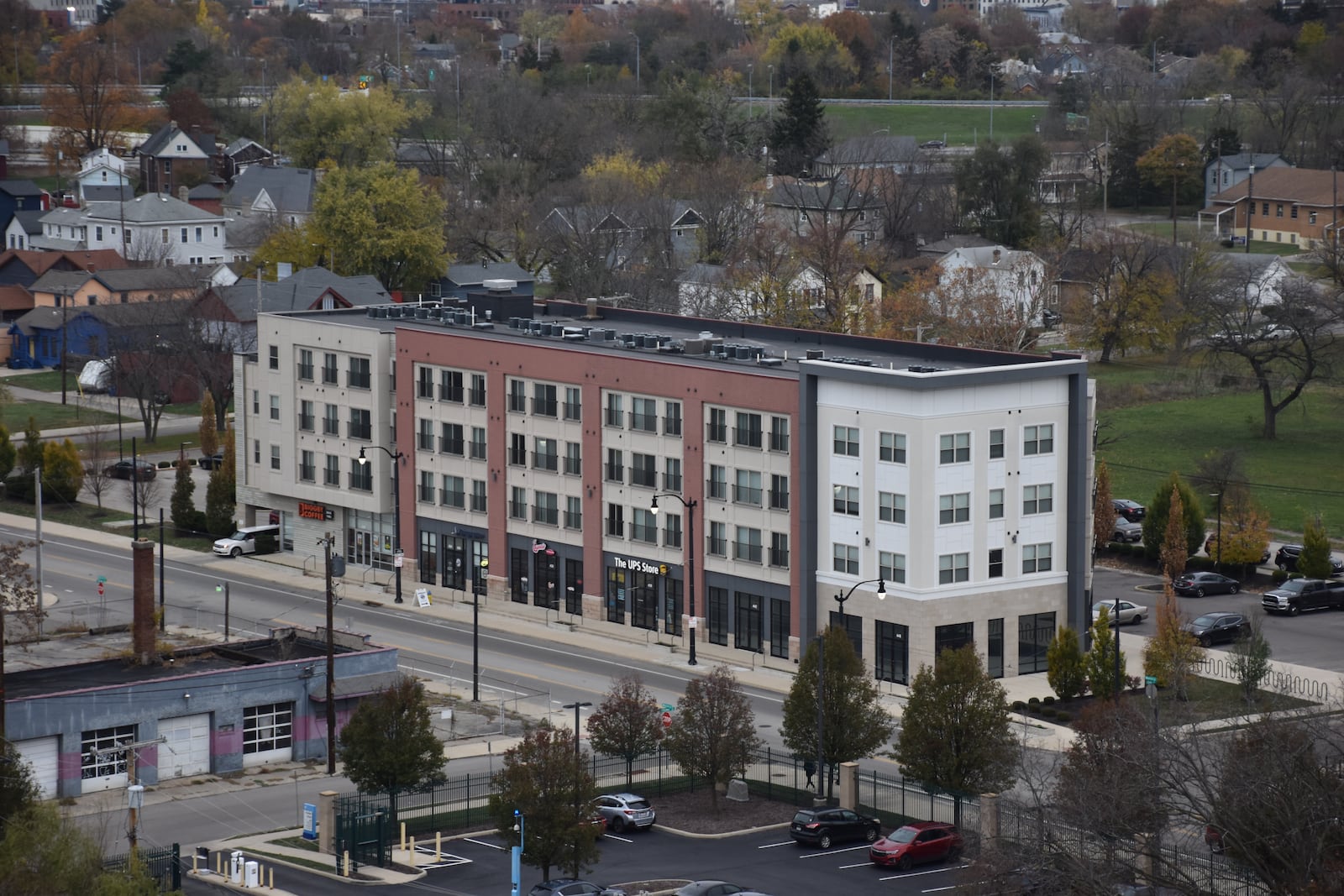 The first phase of the Flats at South Park housing project was completed in 2018. The four-story building, located along Warren Street near the University of Dayton campus, has 51 apartments and ground floor retail spaces. A second phase opened in the fall of 2021. CORNELIUS FROLIK / STAFF