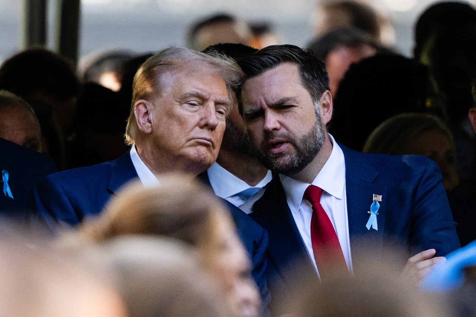 Donald Trump and his running mate JD Vance attend a memorial ceremony on the 23rd anniversary of the Sept. 11, 2001 terror attacks, in Manhattan, Sept. 11, 2024. (Eric Lee/The New York Times)
                      