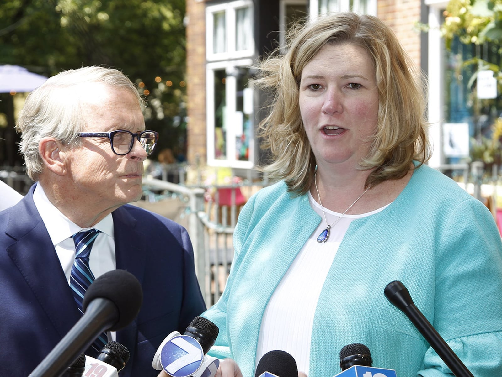 Ohio Governor Mike Dewine held a joint press conference with Dayton Mayor Nan Whaley on Aug. 8 in the Oregon District to talk about mental health initiatives in the wake of the mass shooting that took place on Aug. 4. TY GREENLEES / STAFF