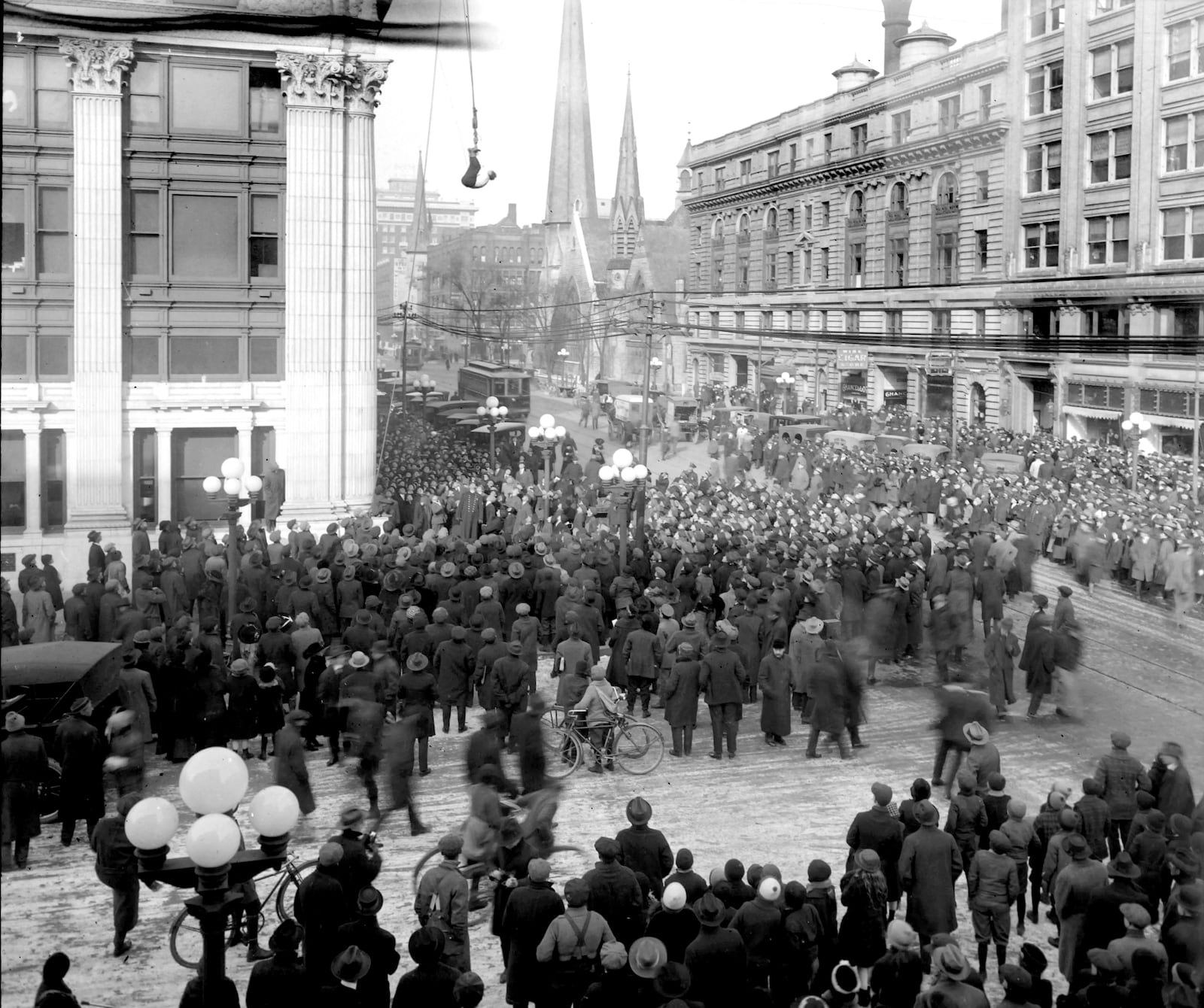 On Dec. 11, 1916, magician Harry Houdini escaped from a police straight jacket while suspended from the Dayton Daily News building head down. The newspaper reported it took him just three minutes to free himself. DAYTON HISTORY MAYFIELD COLLECTION