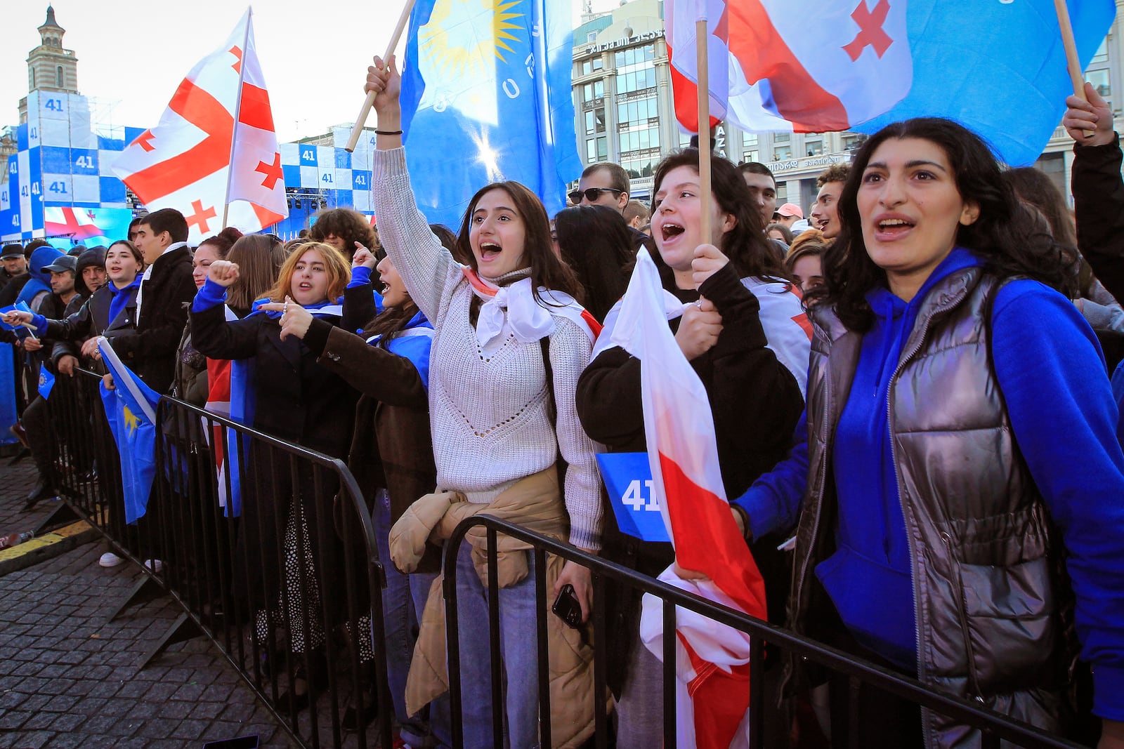 Supporters of the ruling Georgian Dream party attend a rally in the center of Tbilisi, Georgia, Wednesday, Oct. 23, 2024. (AP Photo/Shakh Aivazov)