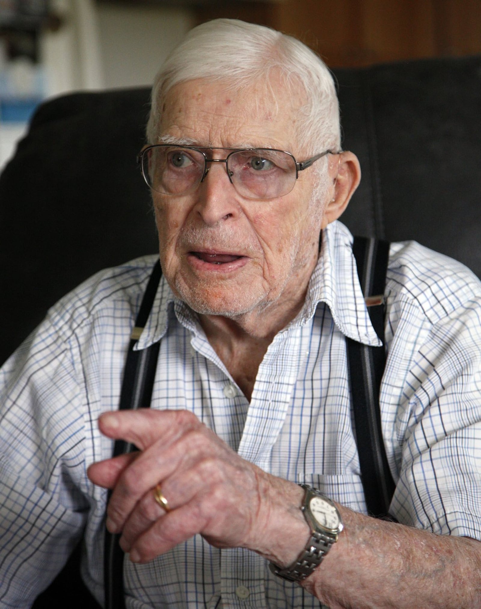 World War II veteran Marion Adams from Covington, Ohio was a radio operator on a Navy LST or Landing Ship, Tank on D-Day. TY GREENLEES / STAFF