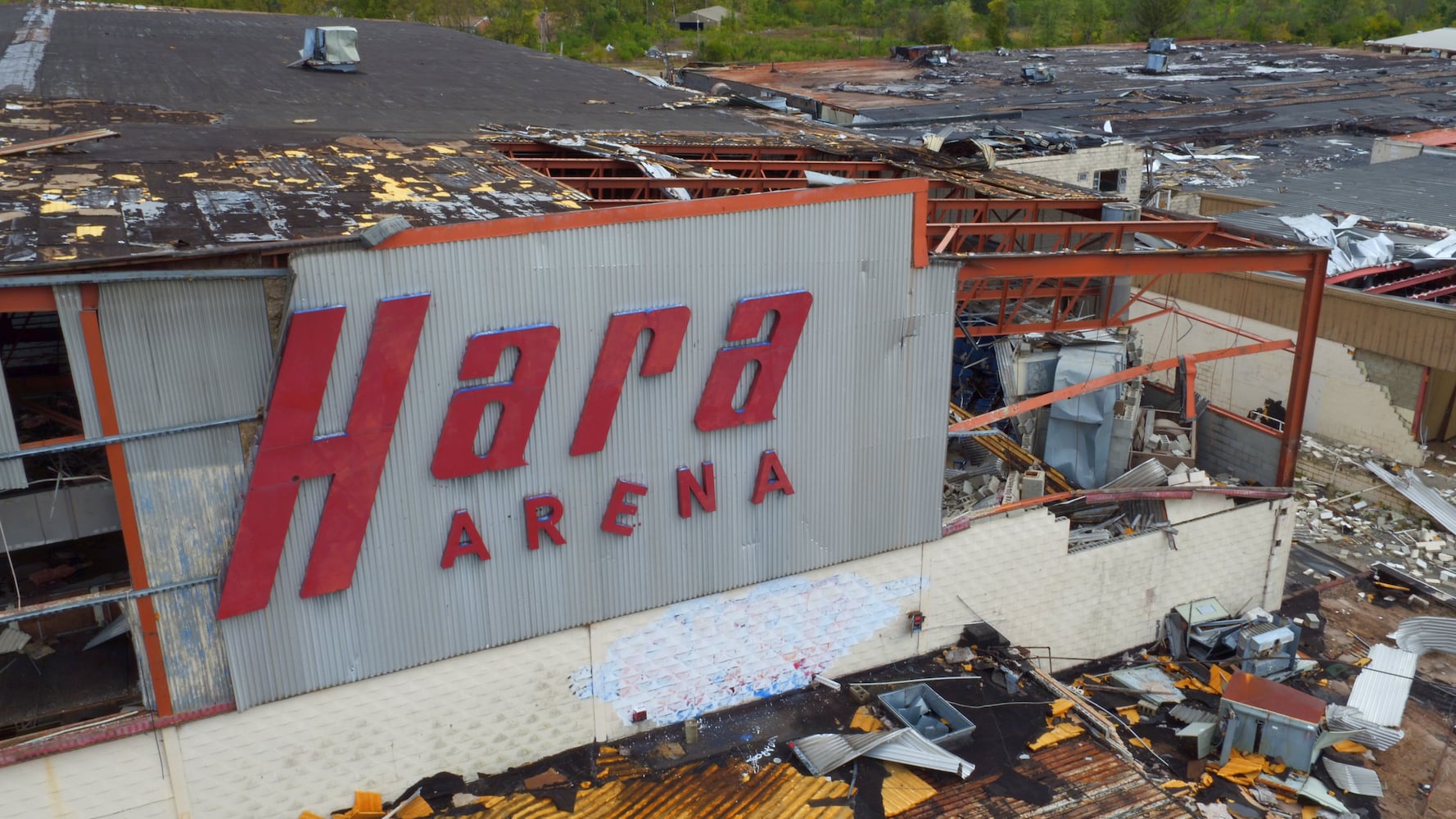 PHOTOS: What tornado-damaged Hara Arena looks like from above