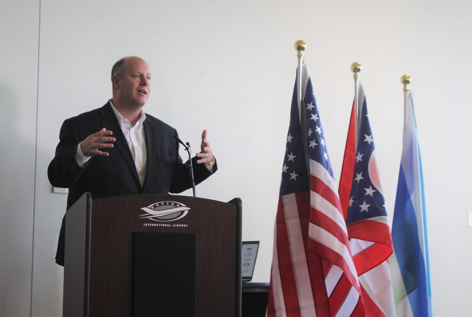 Chris Kershner, president and CEO of the Dayton Area Chamber of Commerce, speaks about Avelo Airlines starting new service at the Dayton International Airport on Nov. 3, 2022. CORNELIUS FROLIK / STAFF