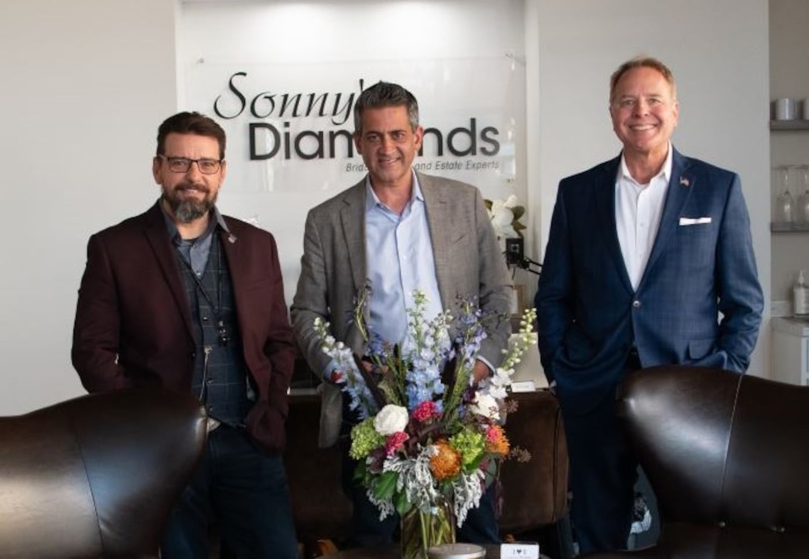 Sonny's Diamonds jewelry shop is now open at The Greene Town Center in Beavercreek, offering bridal, fashion and vintage jewelry as well as repairs and appraisals. The partners are (l-r) Jim Grant, Sonny Singhvi and Eric Weisenforth. CONTRIBUTED