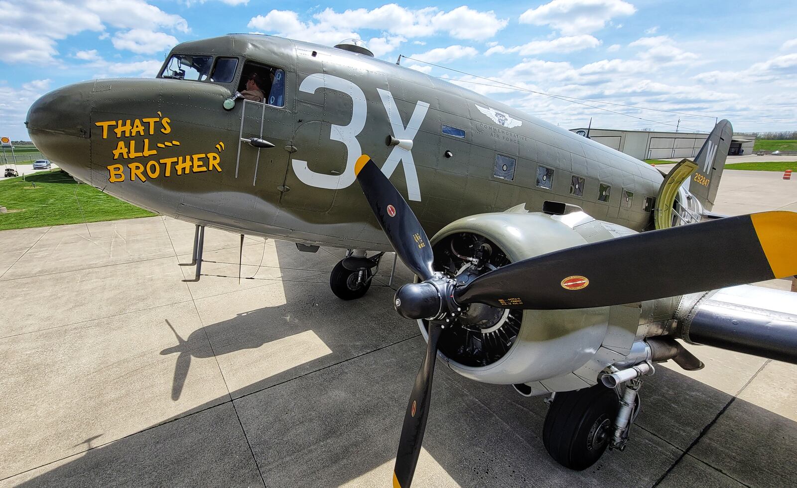 That’s All, Brother, a C-47 piloted by Lt. Col. John Donalson, arrived at Butler County Regional Airport Friday, April 16 for a three-day visit with tours and rides available. The historic WWII C-47 aircraft led over 800 C-47’s over the drop zones of Normandy, France on D-Day on June 6th, 1944. NICK GRAHAM / STAFF