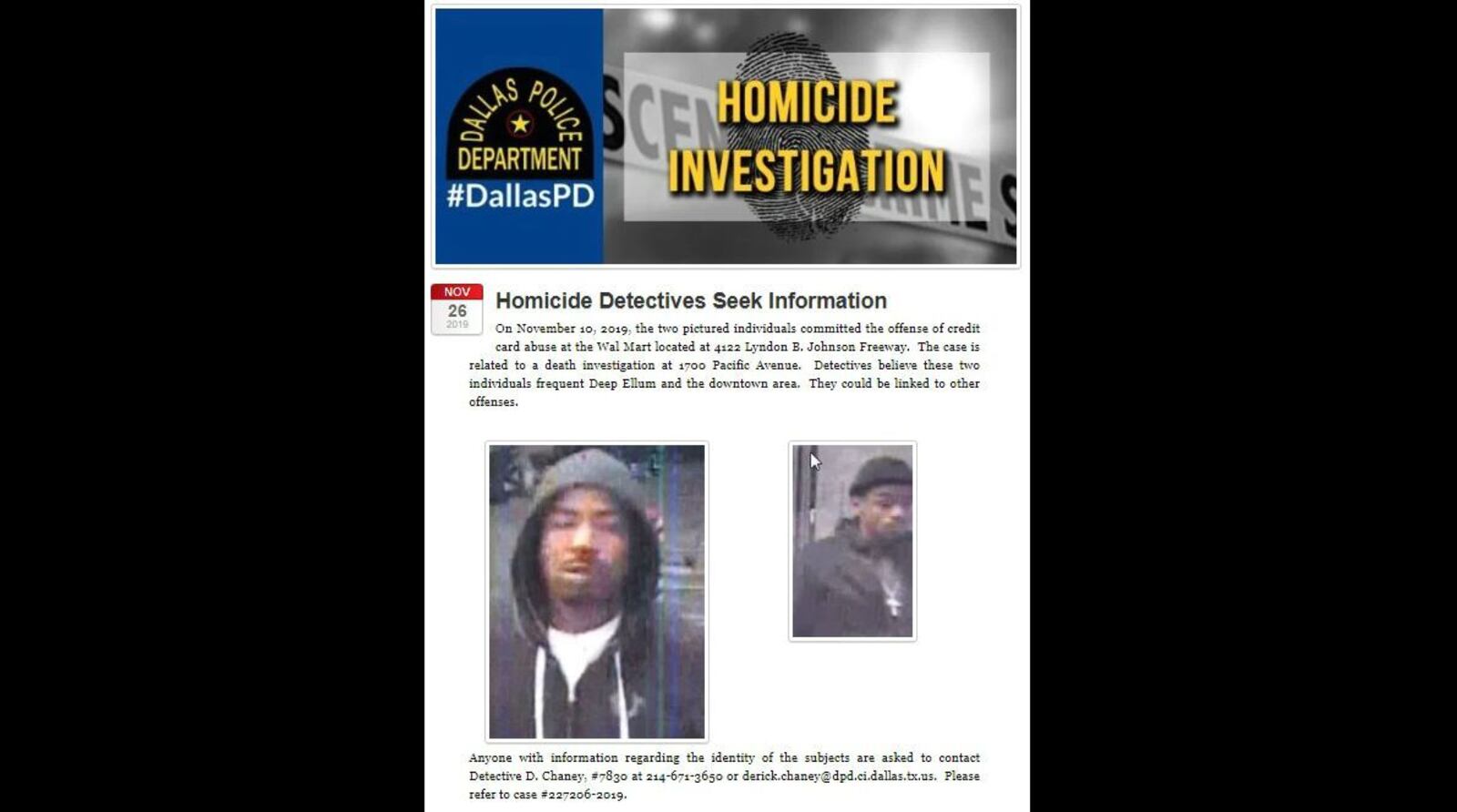 Pictured is a November 2019 plea from Dallas homicide investigators for information on the men spotted using the credit cards of Seth Dickey, 30, of Tuscaloosa, Ala., who died Nov. 10 after smoking synthetic marijuana. Treylon Raynerd Jenkins and Keandre Keshaw Howard, both 22, are charged with murder in Dickey's death.