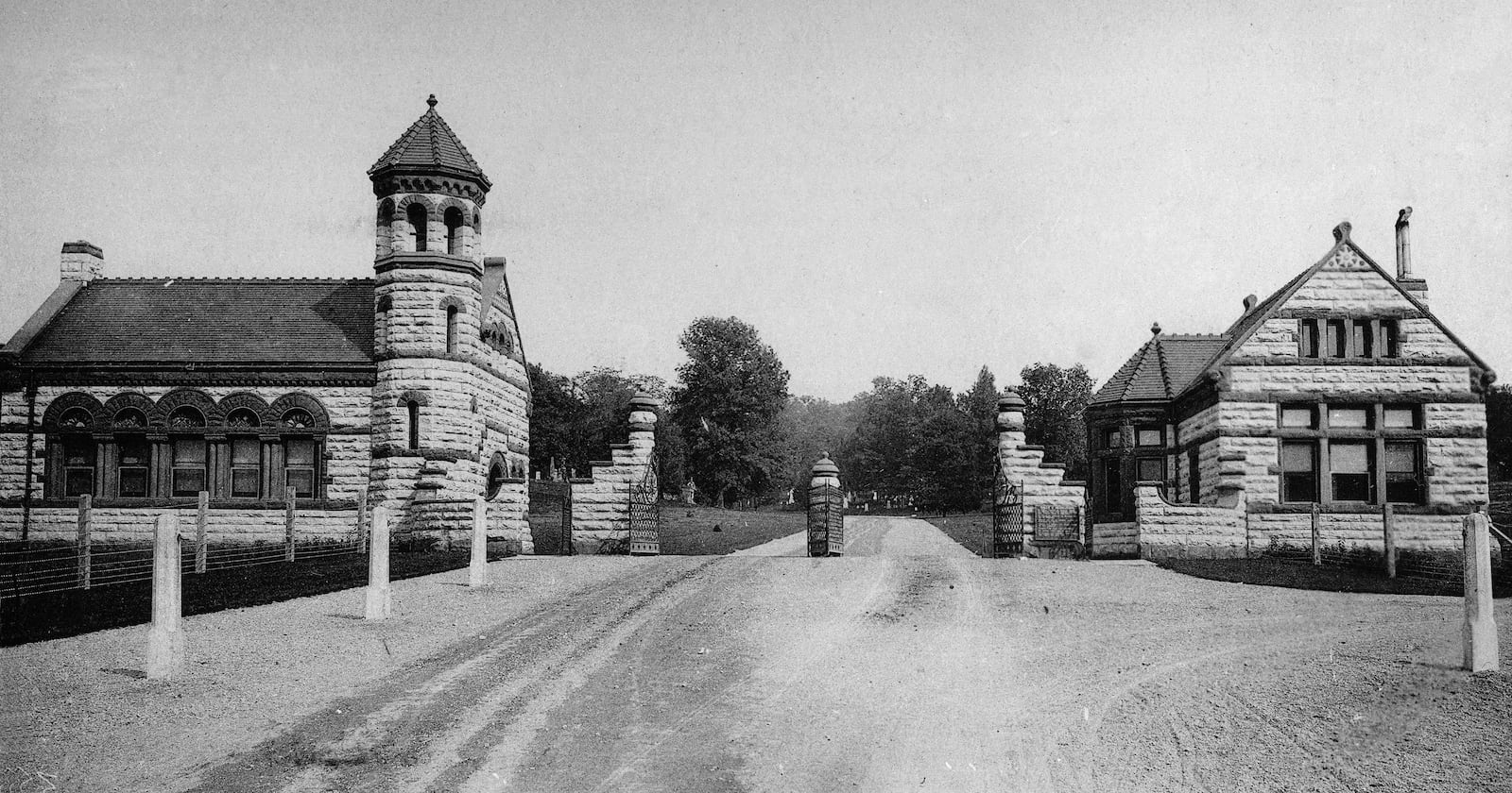 Woodland Cemetery's office, gateway and chapel were completed in 1889 in the Romanesque style. PHOTO COURTESY OF DAYTON METRO LIBRARY LUTZENBERGER PICTURE COLLECTION