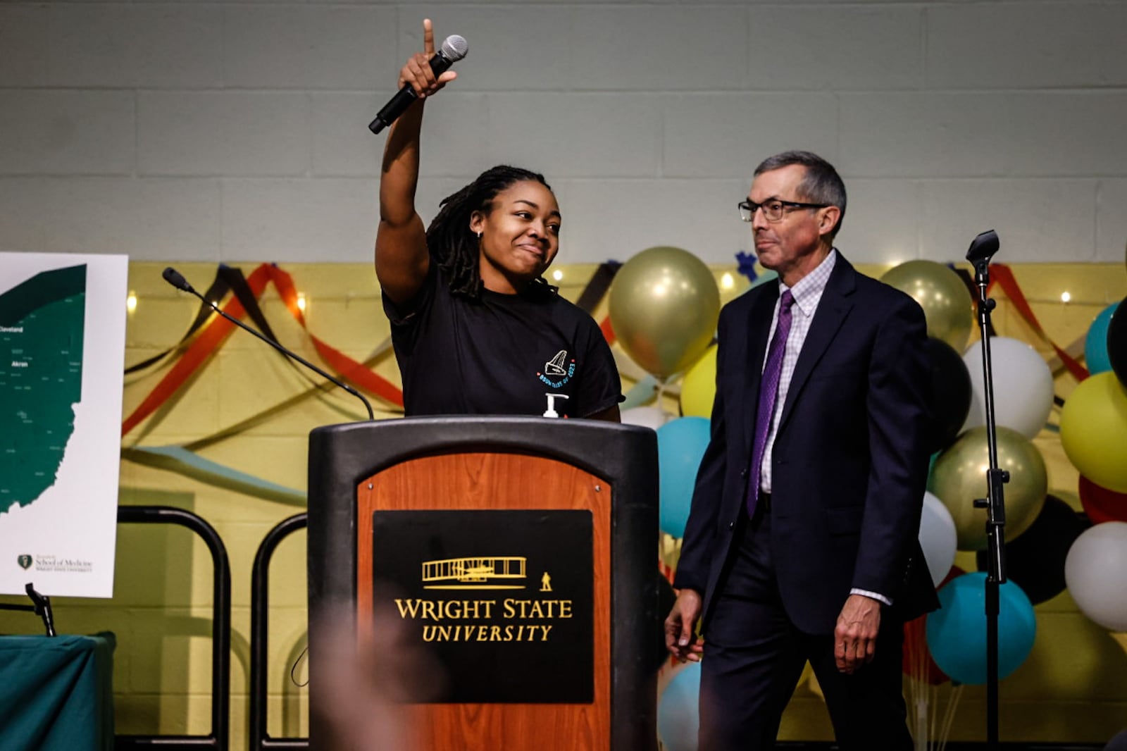 Boonshoft School of Medicine student, Chioma Bush celebrates her residency training in Chicago next year. Over 100 medical students find out what residency training they will pursue. The event was held at Wright State University Friday March 17, 2023. JIM NOELKER/STAFF