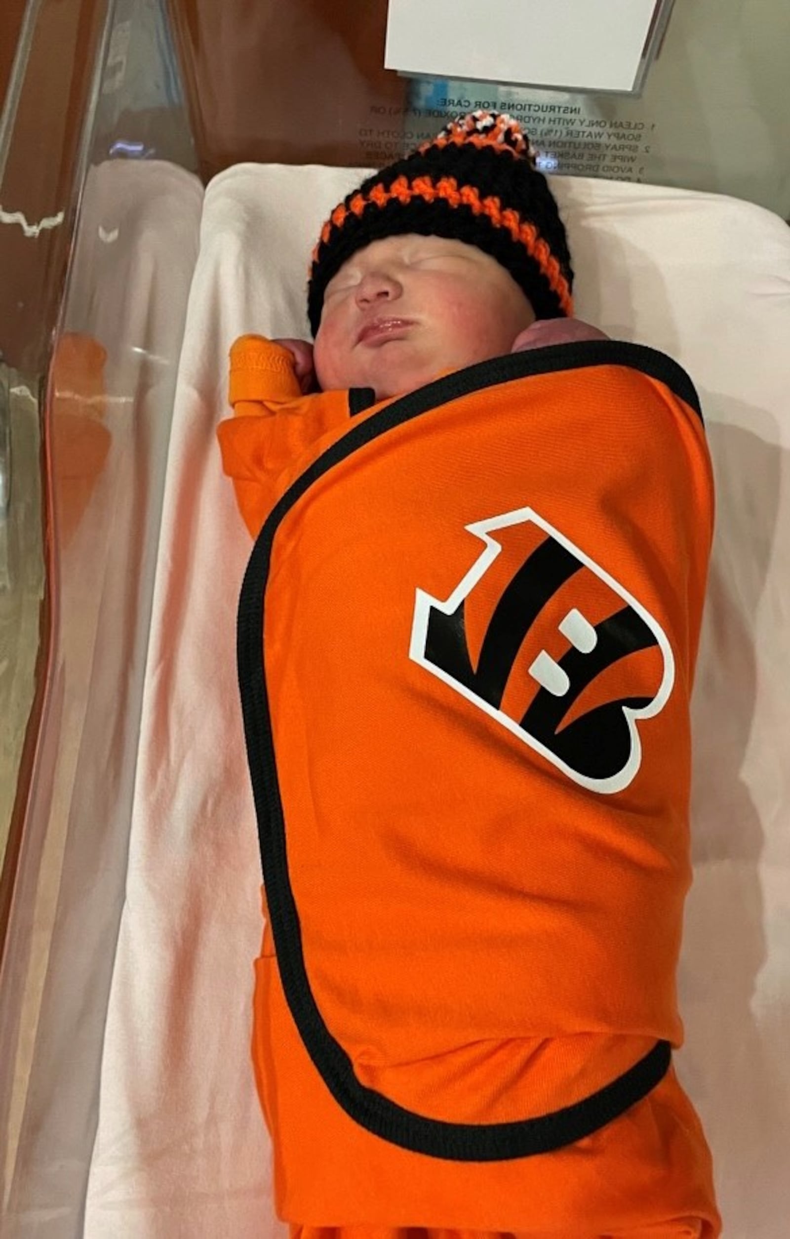 A laborer and delivery nurse at Miami Valley Hospital South (MVHS) made personalized baby clothes in honor of the Cincinnati Bengals for newborns. Credit: Miami Valley Hospital South (MVHS)