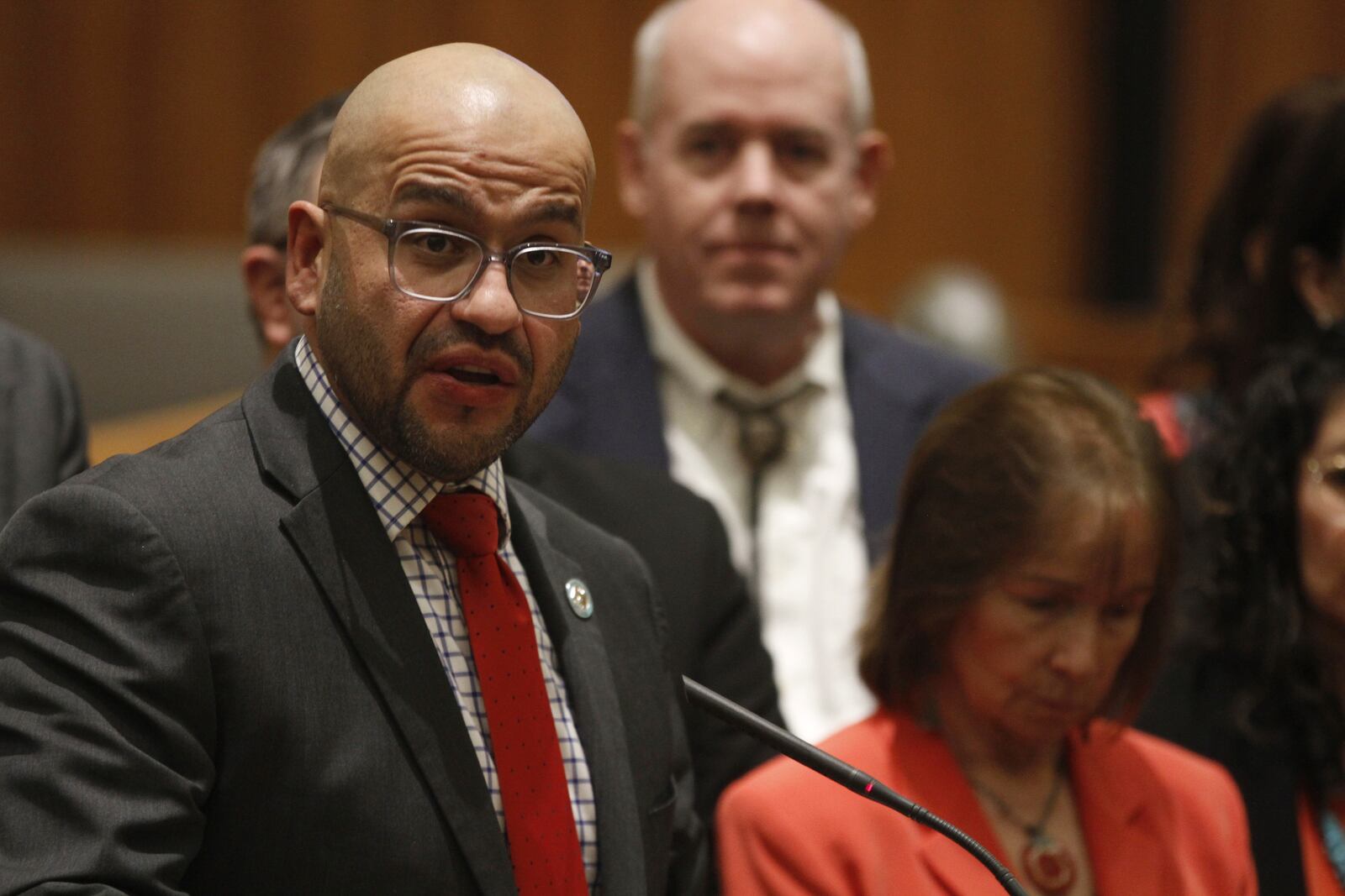 Democratic state House Speaker Javier Martínez of Albuquerque, N.M., speaks at a news conference Saturday, March 22, 2025, in Santa Fe, N.M., as efforts by New Mexico lawmakers to contain violent crime took center stage at the conclusion of an annual legislative session following Friday's fatal shooting at a public park in Las Cruces. (AP Photo/Morgan Lee)