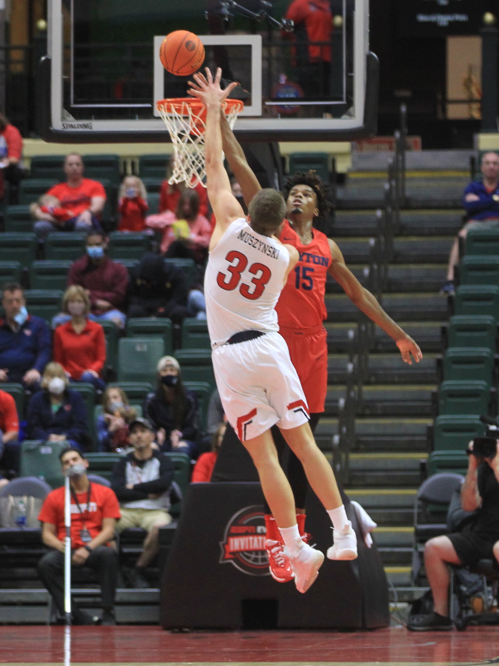 Dayton's DaRon Holmes II tries to block a shot against Belmont on Sunday, Nov. 28, 2021, in the championship game of the ESPN Events Invitational at HP Fieldhouse in Kissimmee, Fla. David Jablonski/Staff