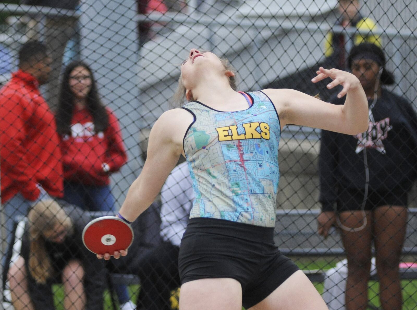 Centerville senior Libby Roush was second in the discus in the GWOC track and field meet at Troy’s Memorial Stadium on Friday, May 10, 2019. MARC PENDLETON / STAFF