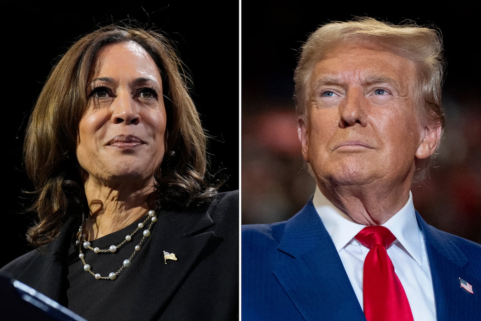 This combination of file photos shows Democratic presidential nominee Vice President Kamala Harris, left, speaking at a campaign rally Erie, Pa., on Oct. 14, 2024, and Republican presidential nominee former President Donald Trump speaking a campaign rally in Uniondale, N.Y., on Sept.18, 2024. (AP Photo)