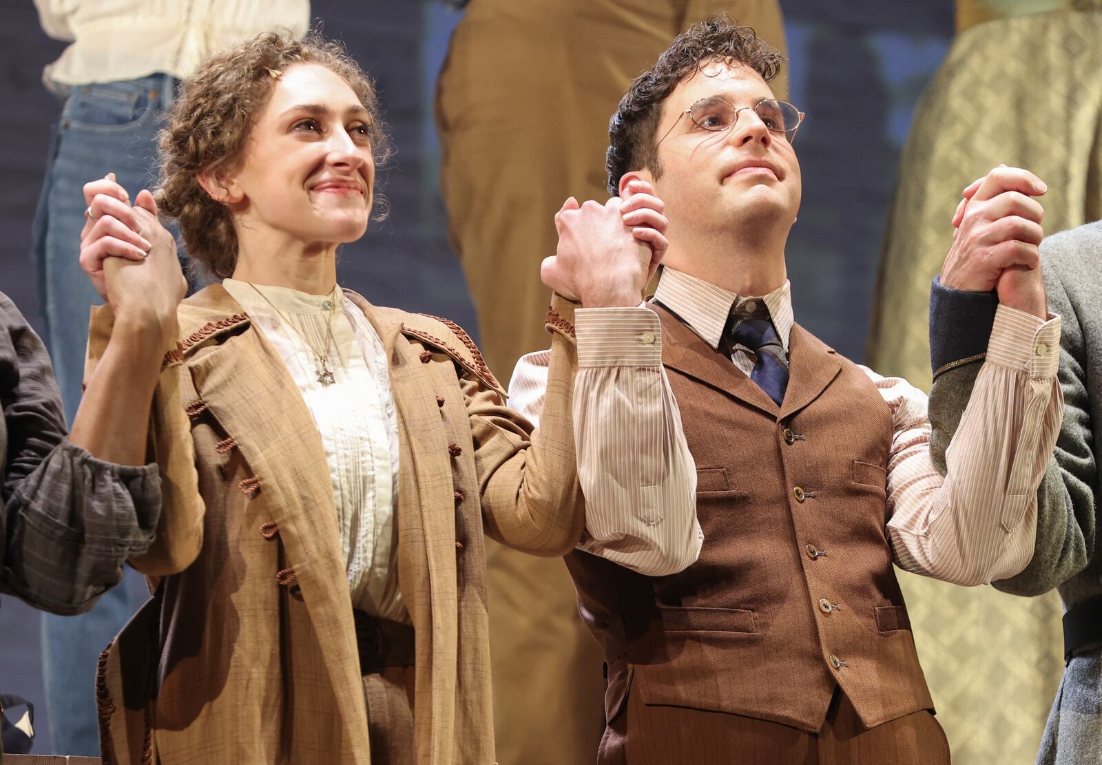 Micaela Diamond and Ben Platt participate in the curtain call during the Broadway opening night for "Parade" at the Bernard B. Jacobs Theatre on Thursday, March 16, 2023, in New York. (Photo by CJ Rivera/Invision/AP)