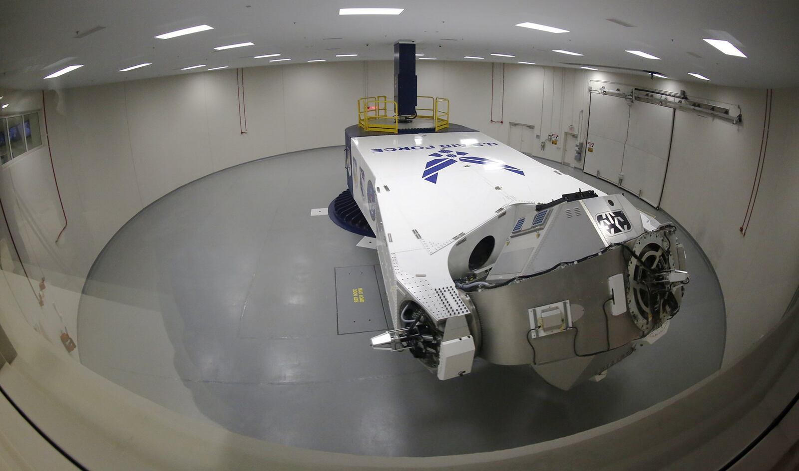 A new human centrifuge facility has officially opened for the training of fighter pilots in the Air Force and other branches of the Defense Department at Wright-Patterson Air Force Base. The U.S. Air Force School of Aerospace Medicine operates the g-force machine that assists fighter pilots in training for high-g combat maneuvers. The centrifuge is also equipped to for g-force research and is expected to have a service life on approximately 30 years. TY GREENLEES / STAFF