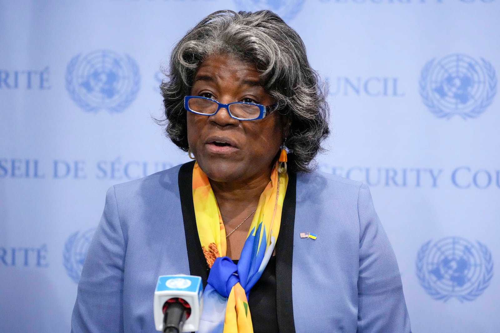 FILE - Linda Thomas-Greenfield, United States Ambassador to the United Nations, speaks after a meeting of the United Nations Security Counci, Aug. 24, 2023, at United Nations headquarters. (AP Photo/John Minchillo, File)