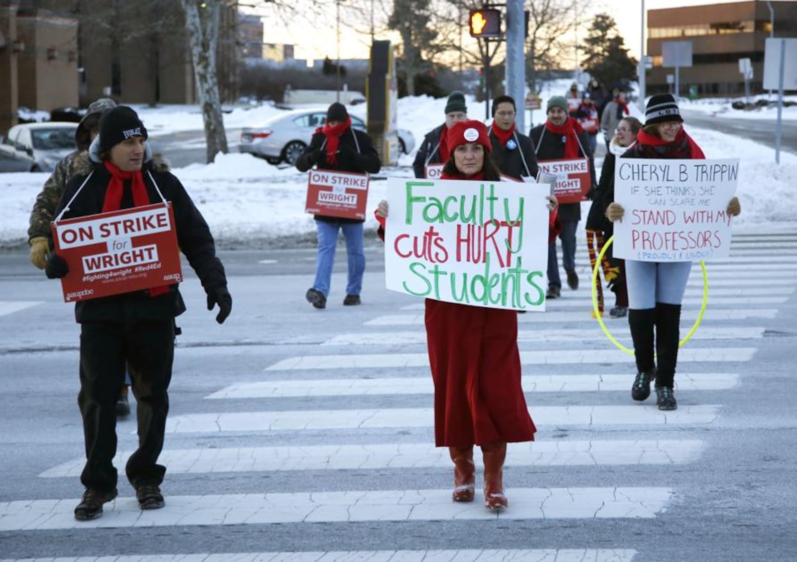 Noeleen McIlvenna, history professor and union contract administration officer, center, lead union members to the picket line. Wright State Universitys faculty union went on strike at 8 a.m. on Tuesday. This was the start of the second week of classes for spring semester at Wright State. Despite the strike, all classes are scheduled to continue today. But, some classes may be consolidated, moved online or taught by a substitute, according to the school. President Cheryl Schrader, an engineer, plans to return to the classroom during the strike. TY GREENLEES / STAFF