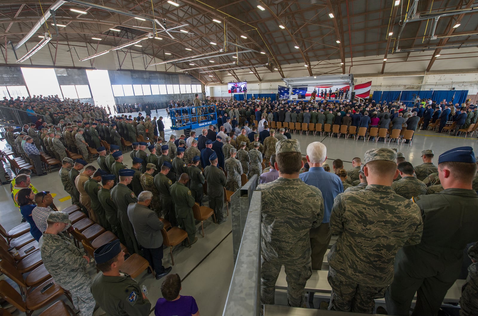 Attendees look on during (describe speaker) during a memorial service for retired U.S. Air Force Lt. Col. Richard  E. Cole at Joint Base San Antonio-Randolph, Texas, April 18, 2019. Cole, the last surviving Doolittle Raider, was the co-pilot on a B-25 Mitchell for then-Col. Jimmy Doolittle during the storied World War II Doolittle Tokyo Raid and was a founding Airman of the USAF Special Operations community.