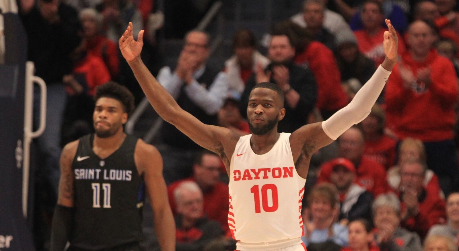 Dayton’s Jalen Crutcher reacts after a score against Saint Louis on Saturday, Feb. 8, 2020, at UD Arena. David Jablonski/Staff