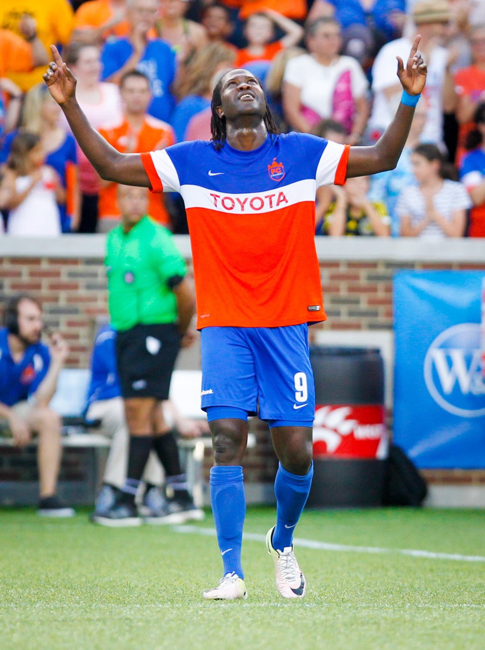 FC Cincinnati forward Djiby Fall (9) celebrates after scoring a goal during their Open Cup match against the Columbus Crew, held at Nippert Stadium on the campus of the University of Cincinnati, Wednesday, June 14, 2017. GREG LYNCH / STAFF