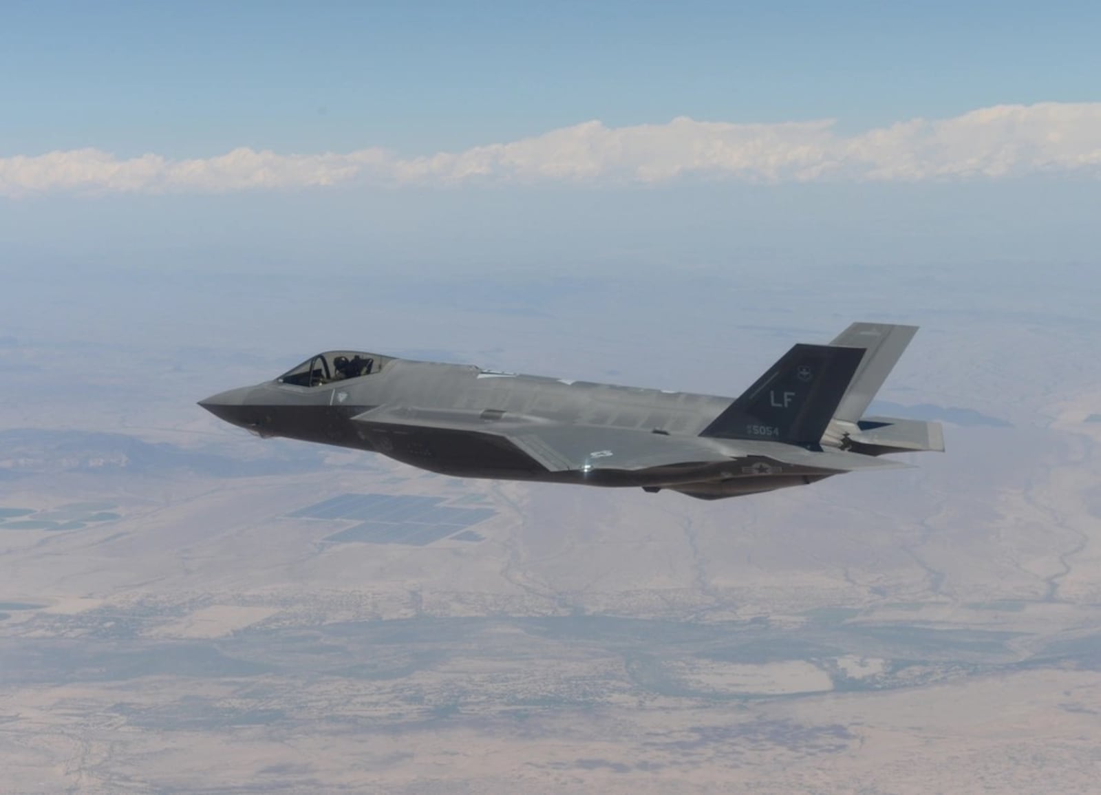 An F-35 Lightning II from the 61st Fighter Squadron lines up into an attack route in preparation to drop a GBU-12 500-pound laser-guided bomb, April 25, 2016, at the Barry M. Goldwater Range in Gila Bend, Ariz.  (U.S. Air Force photo by Airman 1st Class Ridge Shan)