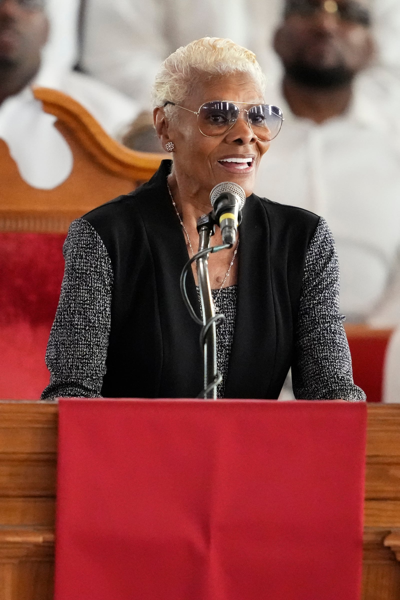 Dionne Warwick speaks during a ceremony celebrating the life of Cissy Houston on Thursday, Oct. 17, 2024, at the New Hope Baptist Church in Newark, N.J. (Photo by Charles Sykes/Invision/AP)