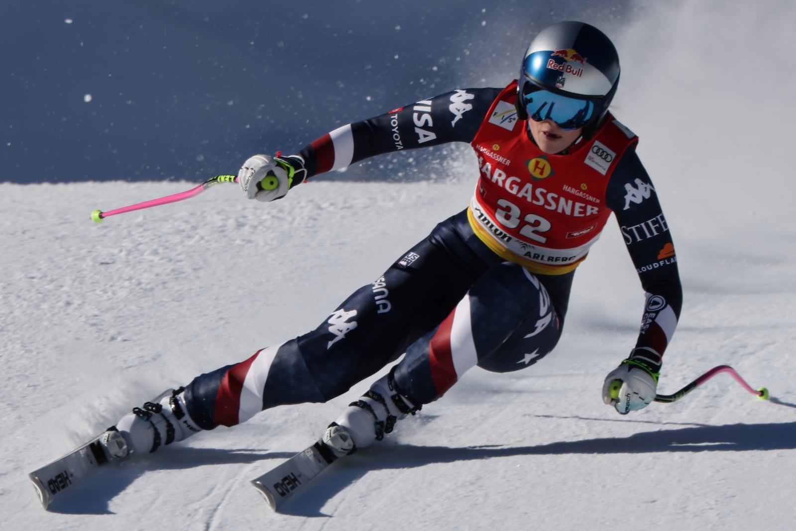 United States Lindsey Vonn speeds down the course during an alpine ski, women's World Cup downhill race, in St. Anton, Austria, Saturday, Jan. 11, 2025. (AP Photo/Marco Trovati)