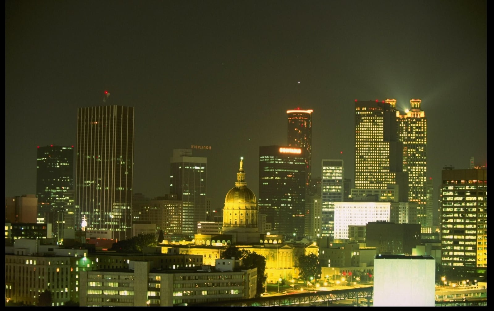 A nightime view of the Atlanta skyline.