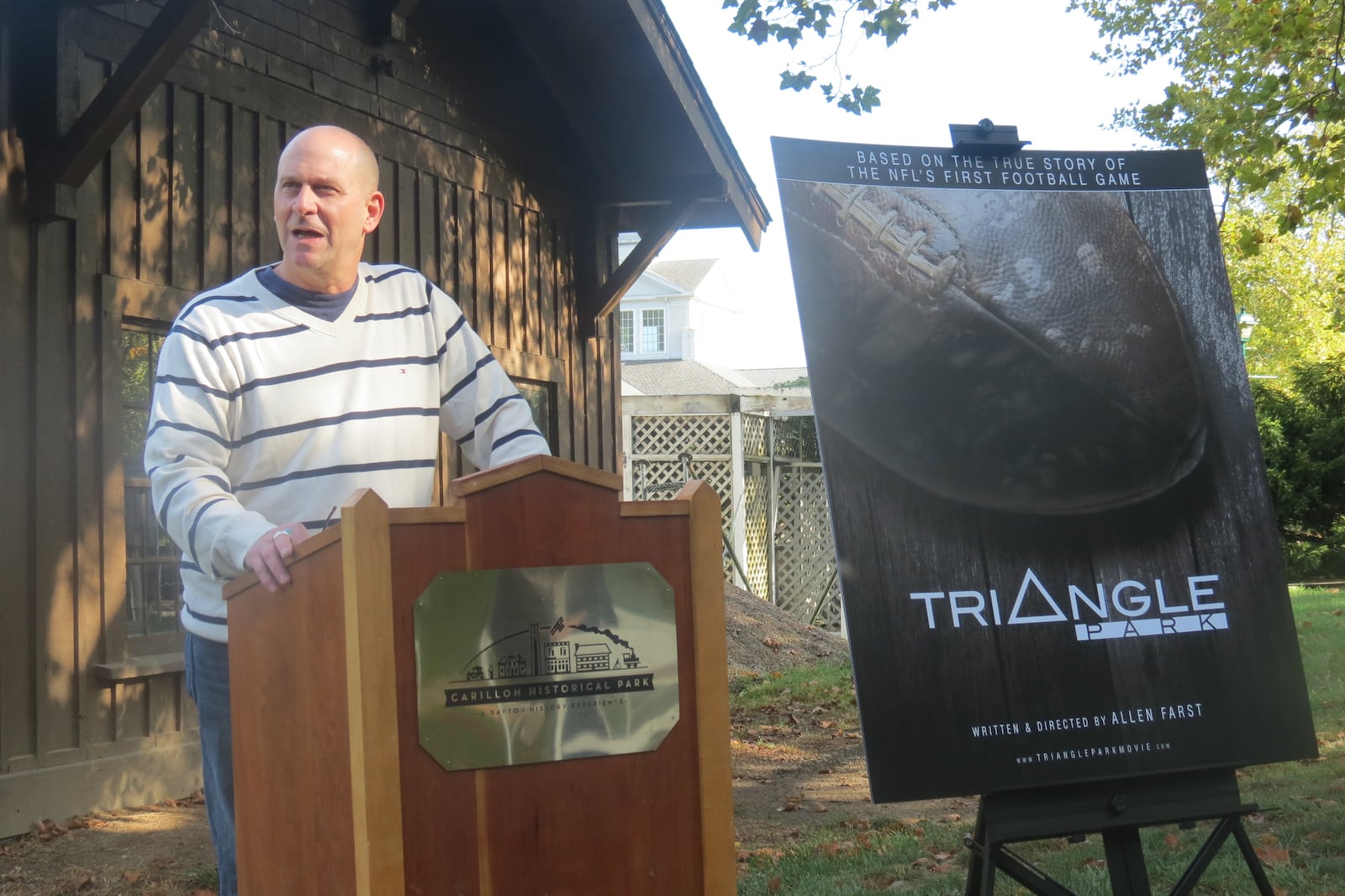 Mark Fenner, the great-grandson of former Dayton Triangles left end Lee Fenner, at a press conference for the new documentary, “Triangle Park,” at Carillon Park on Tuesday, Sept. 29.