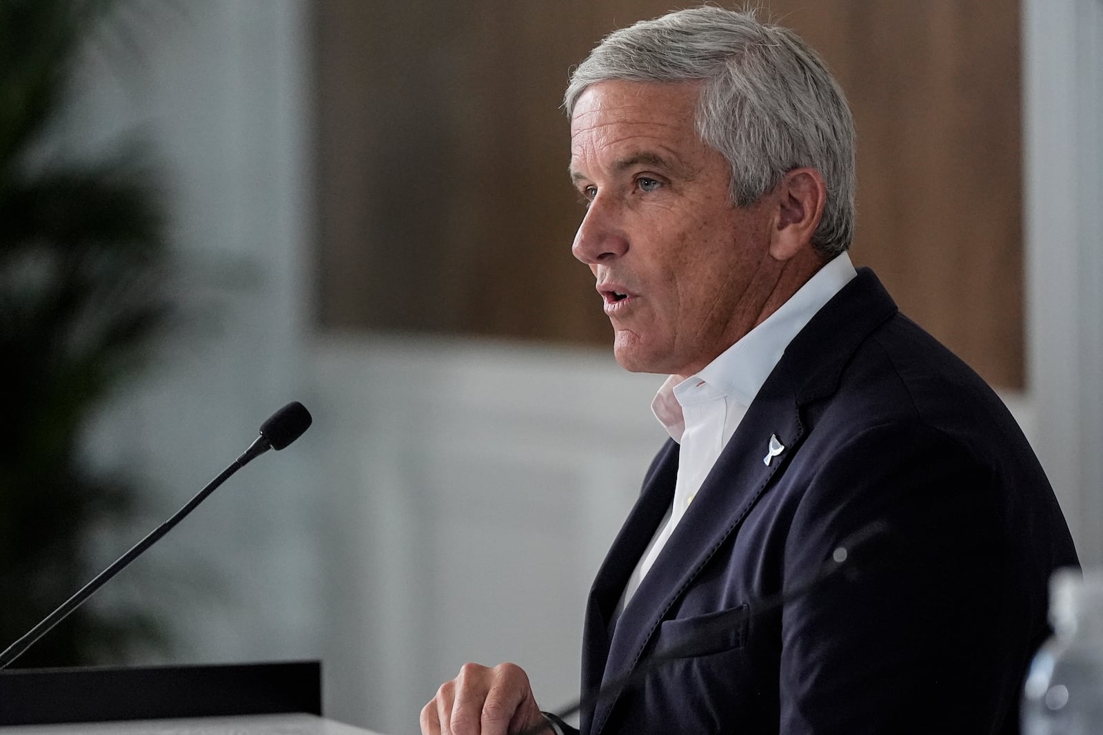 FILE - Commissioner of the PGA Tour, Jay Monahan IV speaks during a news conference ahead of the Tour Championship golf tournament, in Atlanta, Aug. 28, 2024. (AP Photo/Mike Stewart, File)