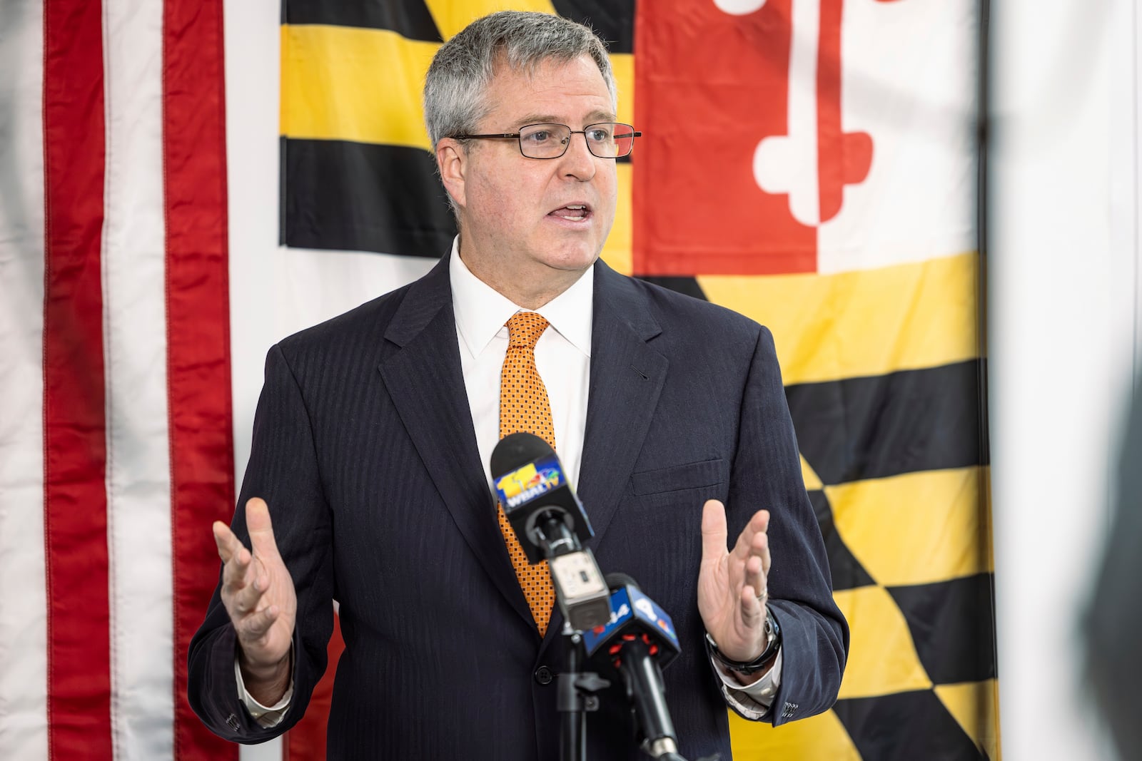 Neil Parrott, Republican candidate for Maryland's Sixth Congressional District, speaks during a press conference, Friday, Oct. 11, 2024, in Frederick, Md. (AP Photo/Alyssa Howell)